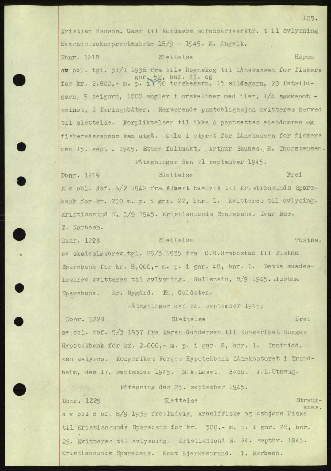 Nordmøre sorenskriveri, AV/SAT-A-4132/1/2/2Ca: Mortgage book no. C82a, 1945-1946, Diary no: : 1218/1945