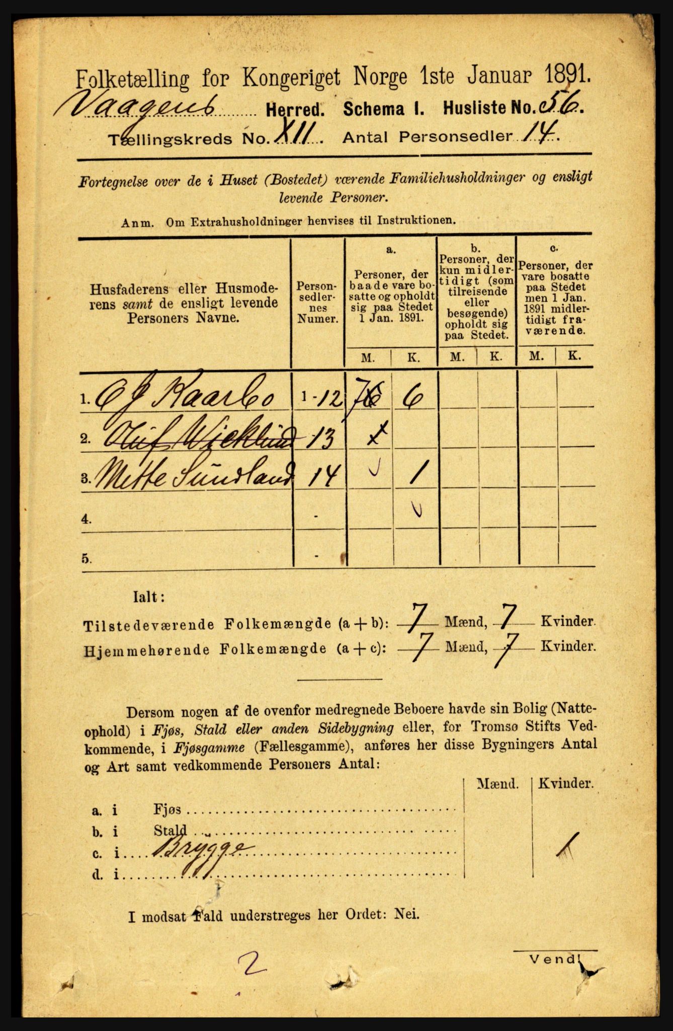 RA, 1891 census for 1865 Vågan, 1891, p. 2889