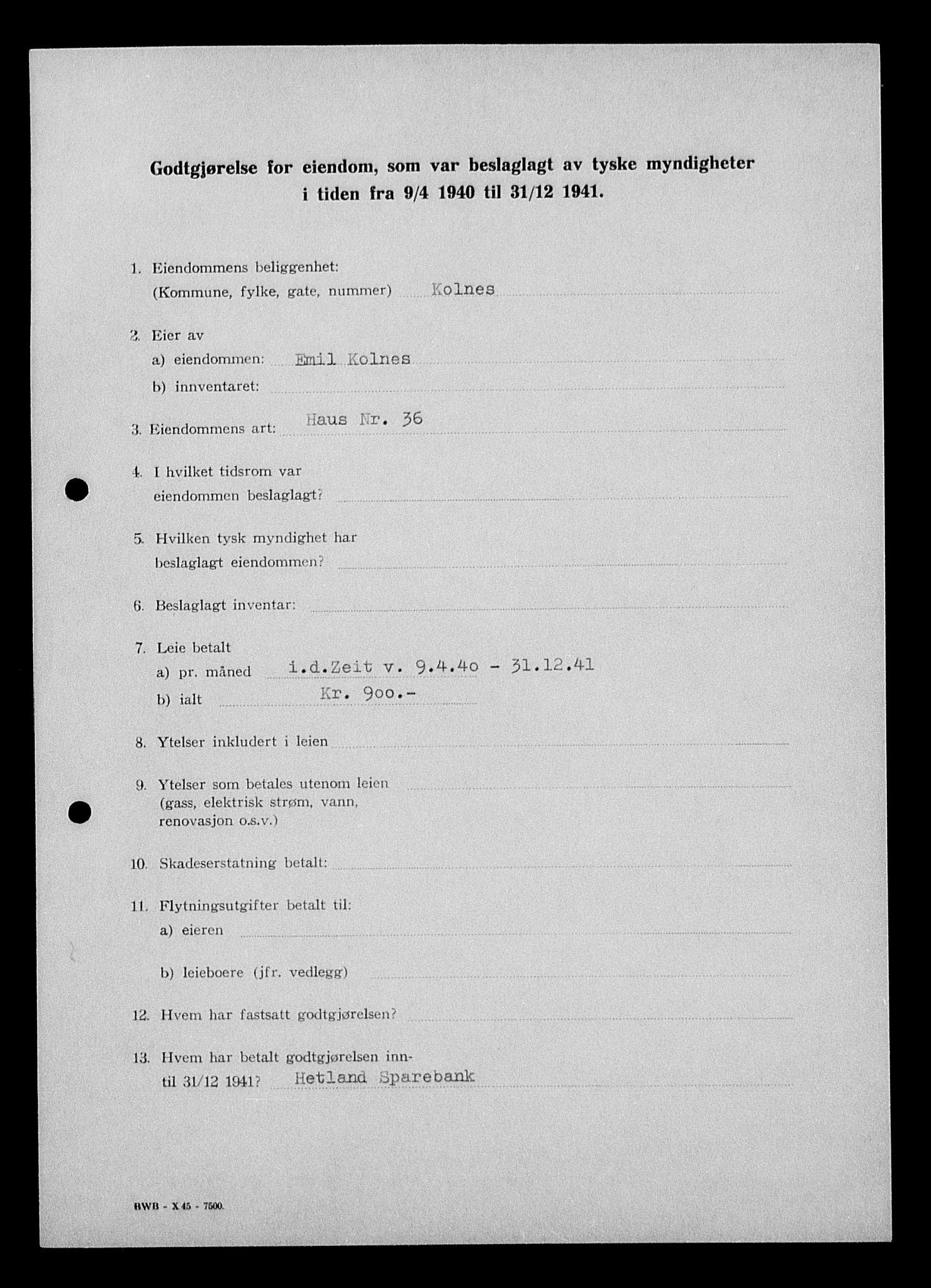 Justisdepartementet, Tilbakeføringskontoret for inndratte formuer, AV/RA-S-1564/I/L1014: Godtgjørelse for beslaglagt eiendom, 1940-1941, p. 432