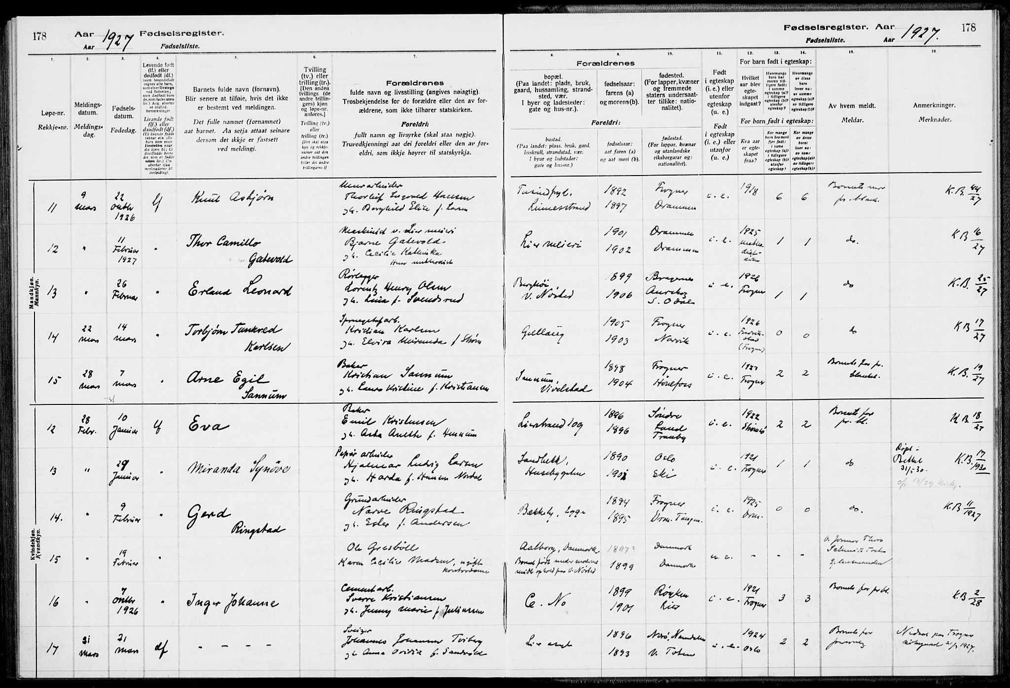 Lier kirkebøker, AV/SAKO-A-230/J/Ja/L0001: Birth register no. 1, 1916-1928, p. 178