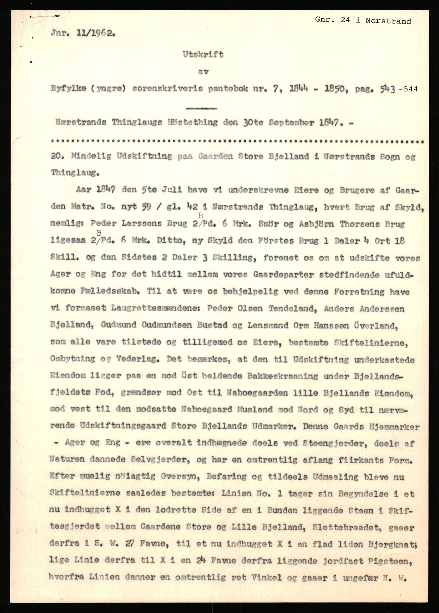 Statsarkivet i Stavanger, AV/SAST-A-101971/03/Y/Yj/L0008: Avskrifter sortert etter gårdsnavn: Birkeland indre - Bjerge, 1750-1930, p. 448