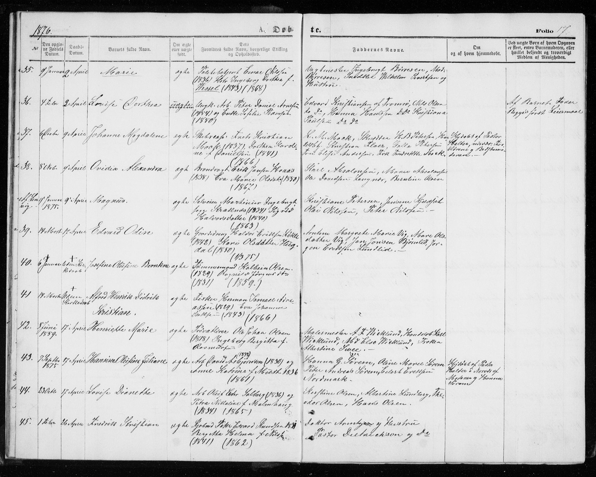 Tromsø sokneprestkontor/stiftsprosti/domprosti, AV/SATØ-S-1343/G/Gb/L0008klokker: Parish register (copy) no. 8, 1875-1879, p. 17