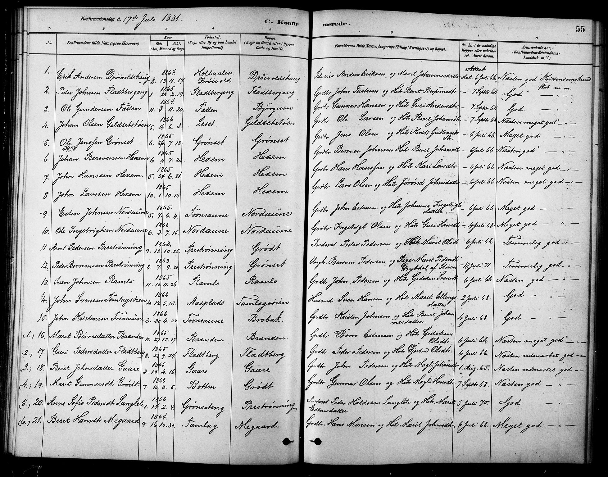 Ministerialprotokoller, klokkerbøker og fødselsregistre - Sør-Trøndelag, SAT/A-1456/685/L0972: Parish register (official) no. 685A09, 1879-1890, p. 55