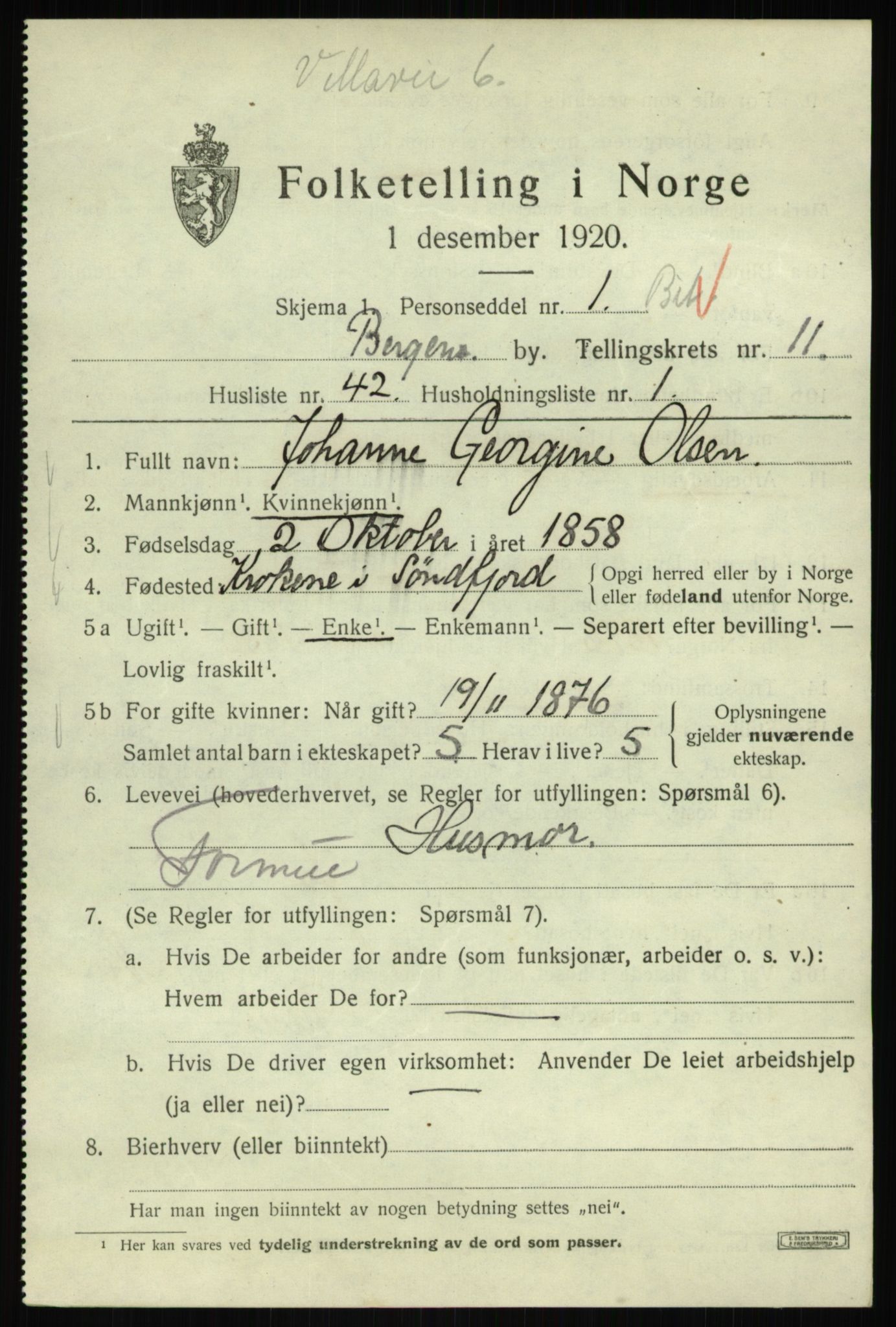 SAB, 1920 census for Bergen, 1920, p. 73500