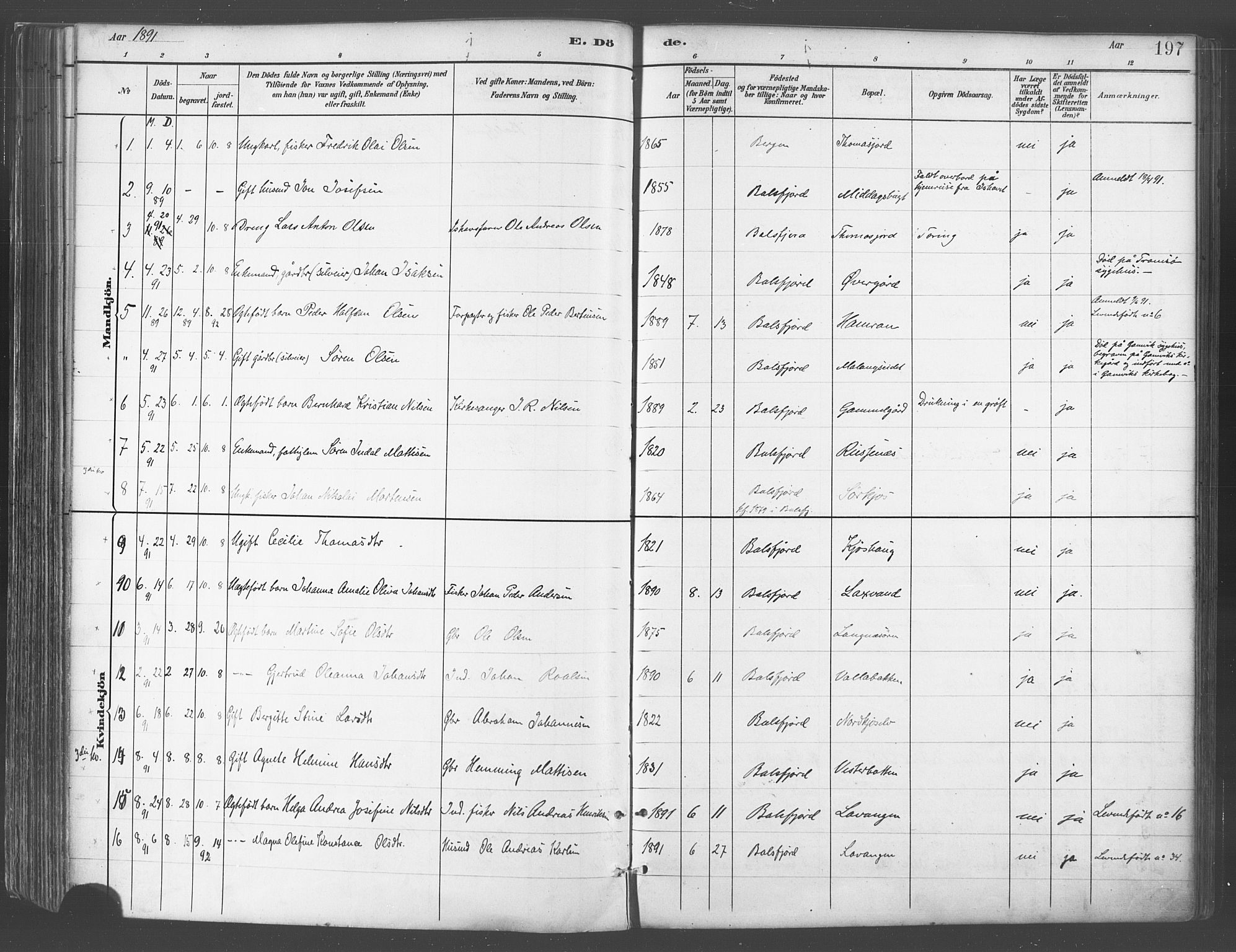 Balsfjord sokneprestembete, SATØ/S-1303/G/Ga/L0005kirke: Parish register (official) no. 5, 1884-1897, p. 197