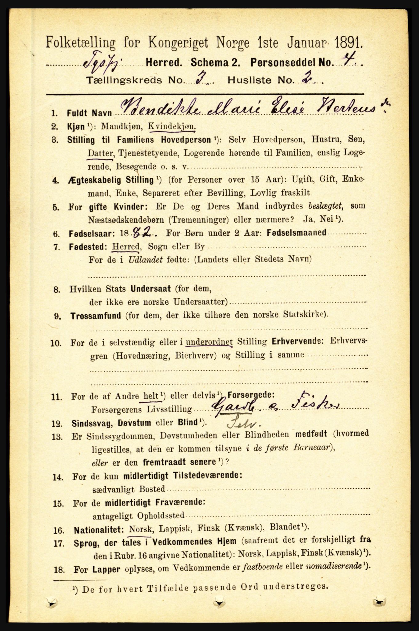 RA, 1891 census for 1850 Tysfjord, 1891, p. 1055