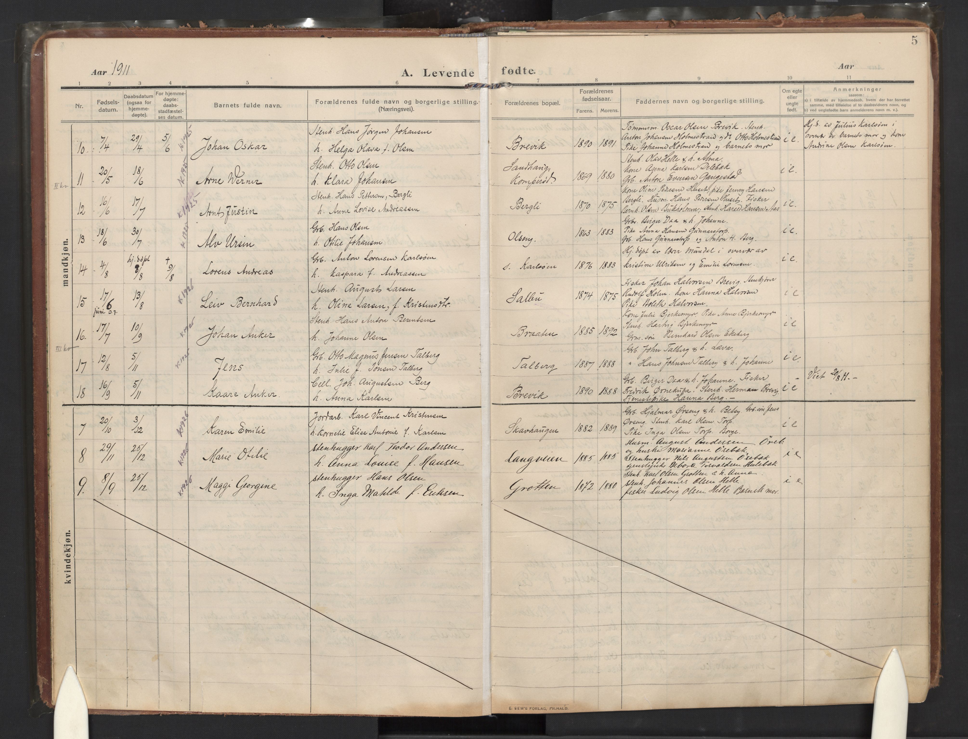 Skjeberg prestekontor Kirkebøker, AV/SAO-A-10923/F/Fb/L0003: Parish register (official) no. II 3, 1911-1938, p. 5