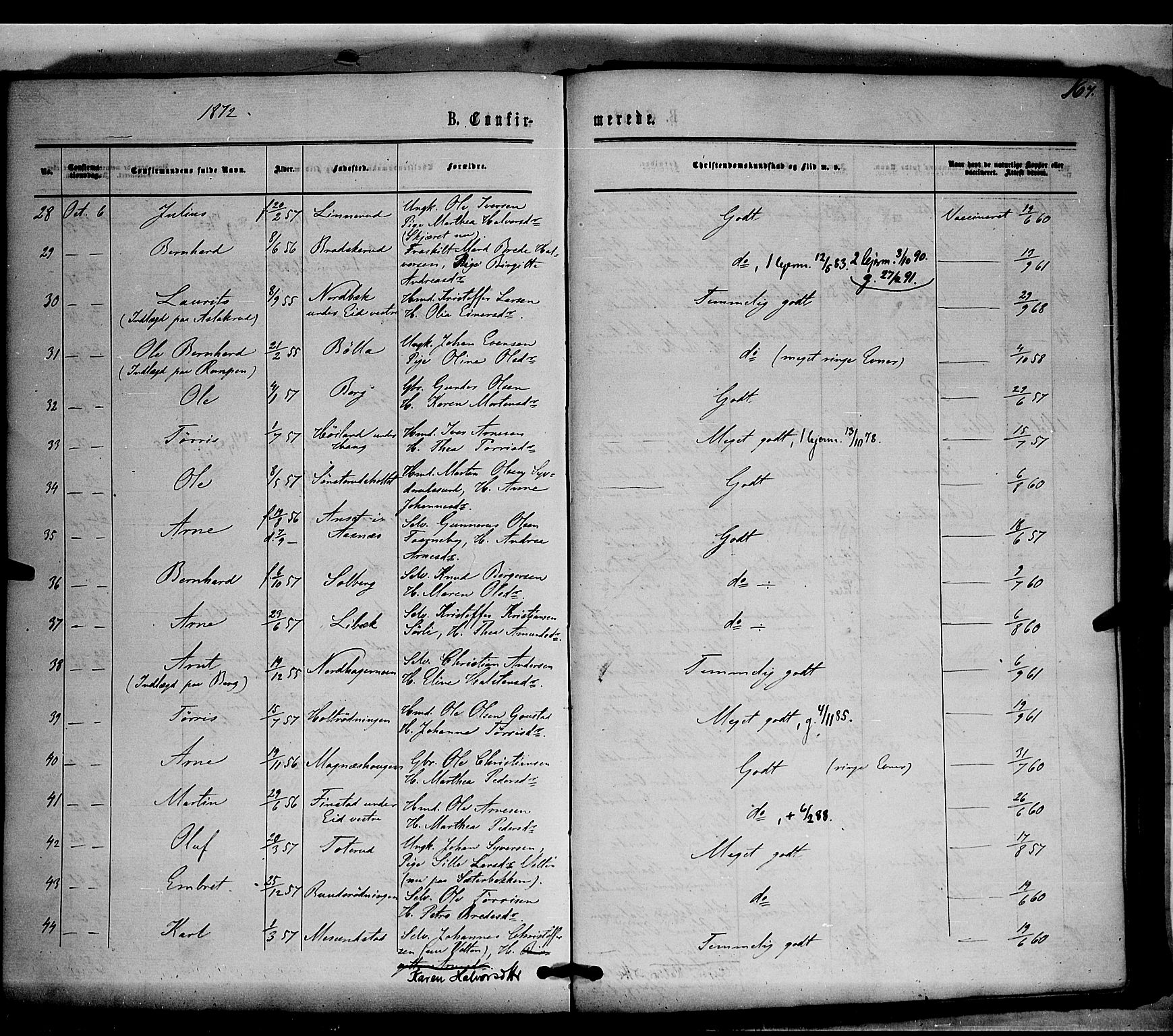 Våler prestekontor, Hedmark, AV/SAH-PREST-040/H/Ha/Haa/L0002: Parish register (official) no. 2, 1867-1878, p. 167
