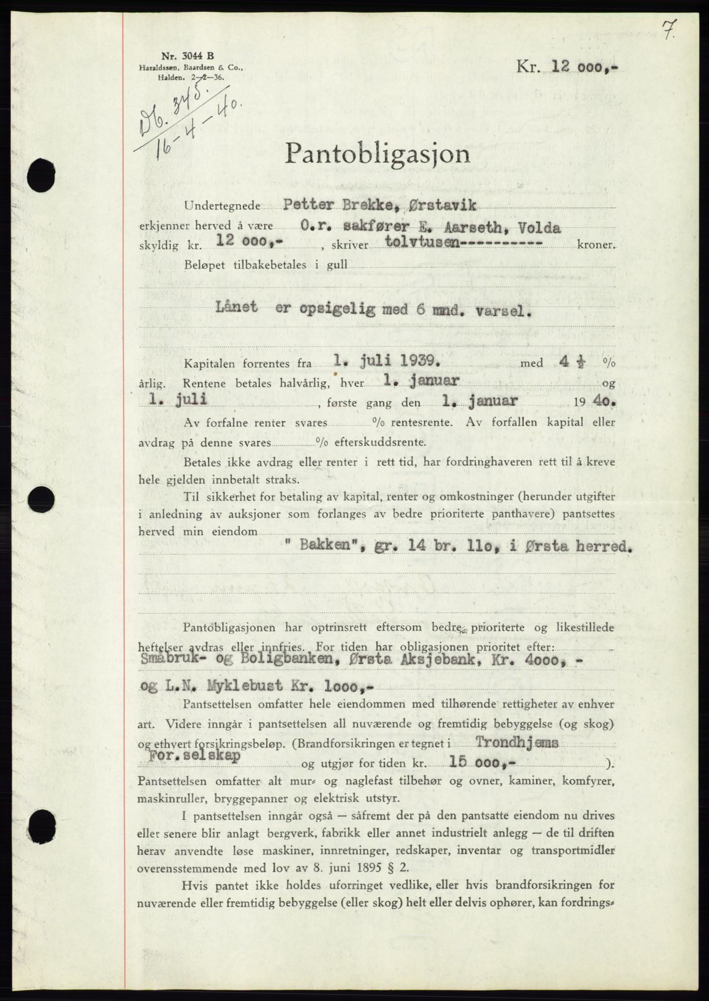 Søre Sunnmøre sorenskriveri, AV/SAT-A-4122/1/2/2C/L0070: Mortgage book no. 64, 1940-1941, Diary no: : 345/1940