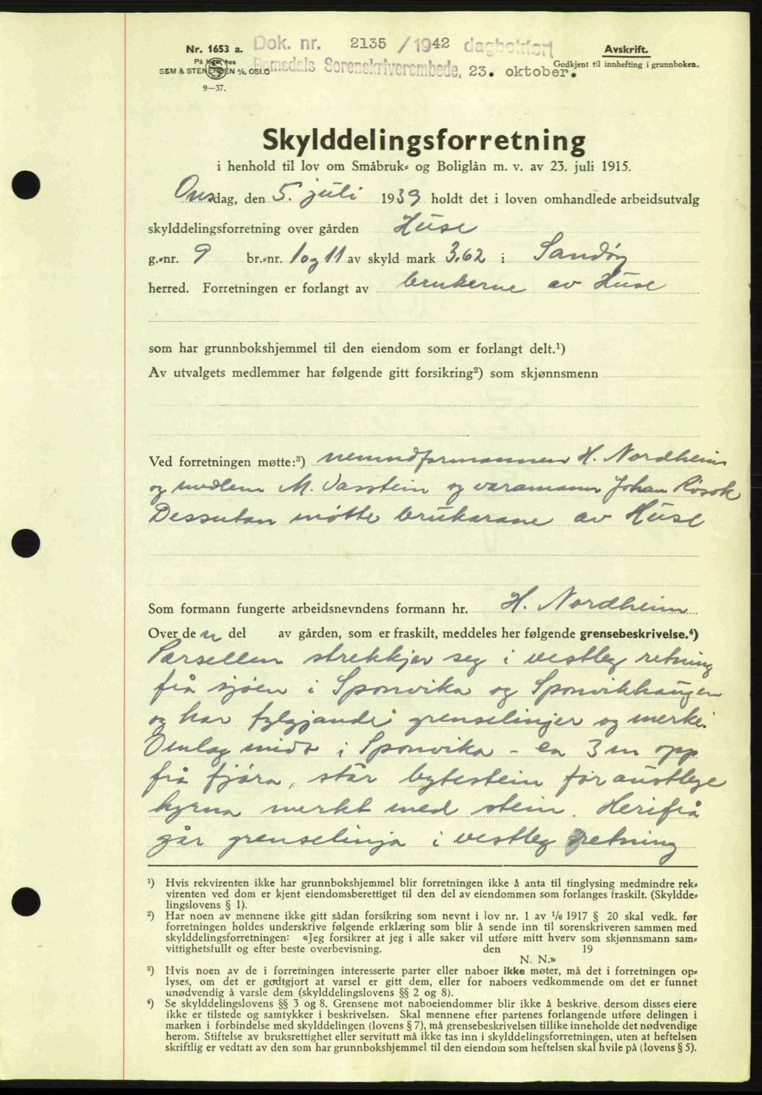 Romsdal sorenskriveri, AV/SAT-A-4149/1/2/2C: Mortgage book no. A13, 1942-1943, Diary no: : 2135/1942