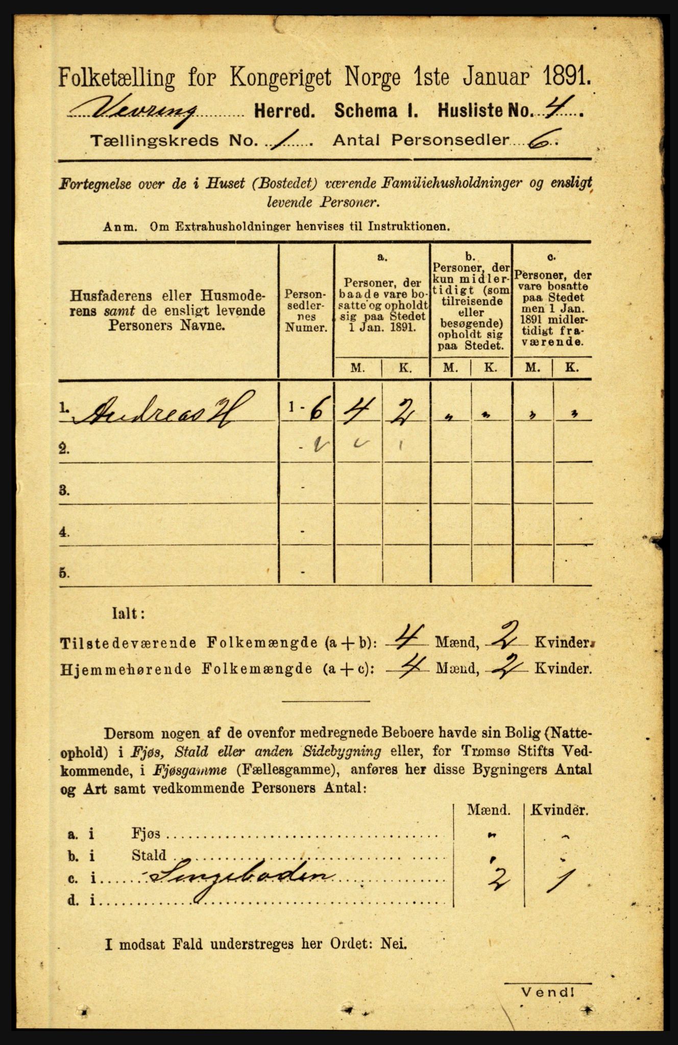 RA, 1891 census for 1434 Vevring, 1891, p. 17