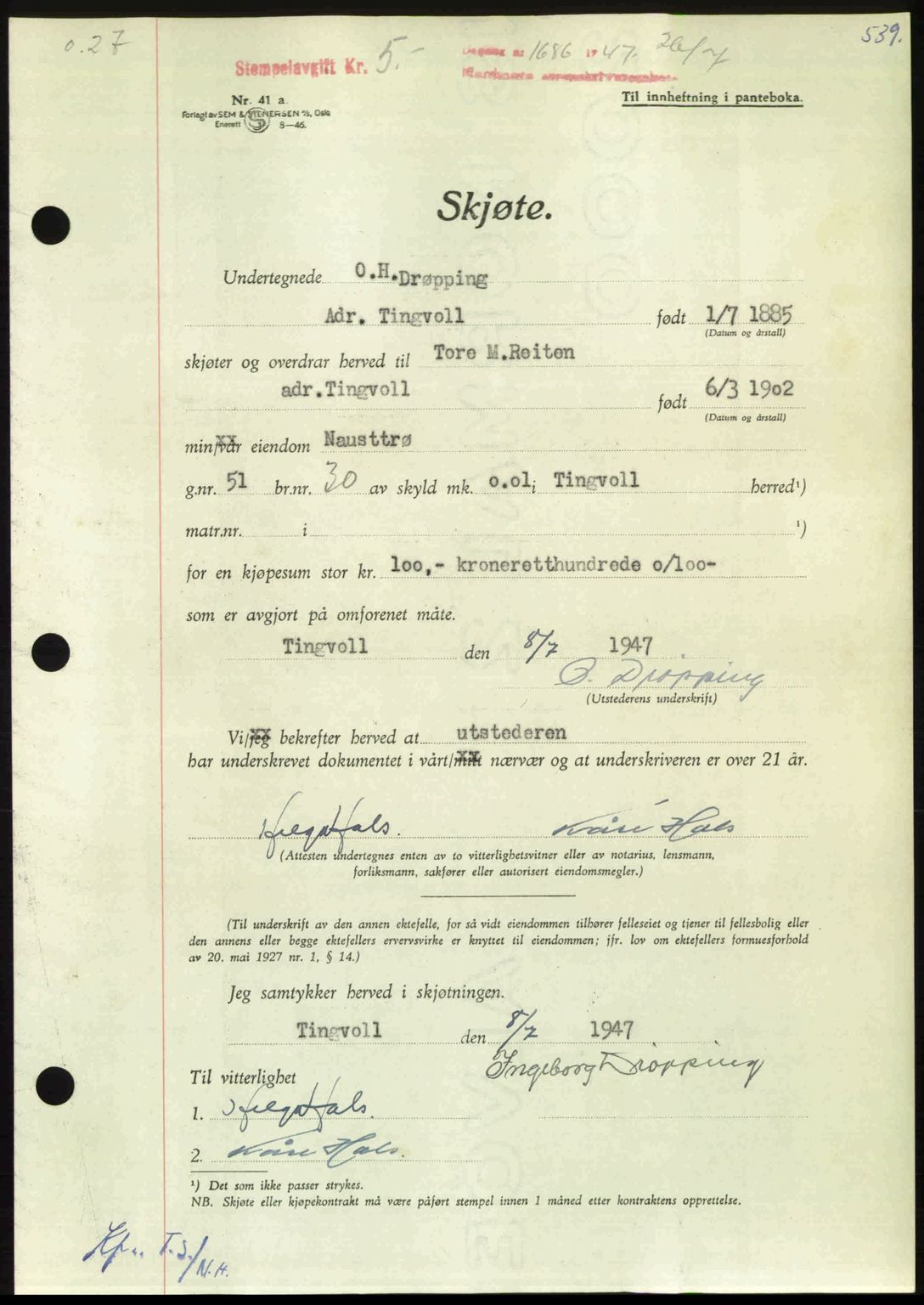 Nordmøre sorenskriveri, AV/SAT-A-4132/1/2/2Ca: Mortgage book no. A105, 1947-1947, Diary no: : 1686/1947