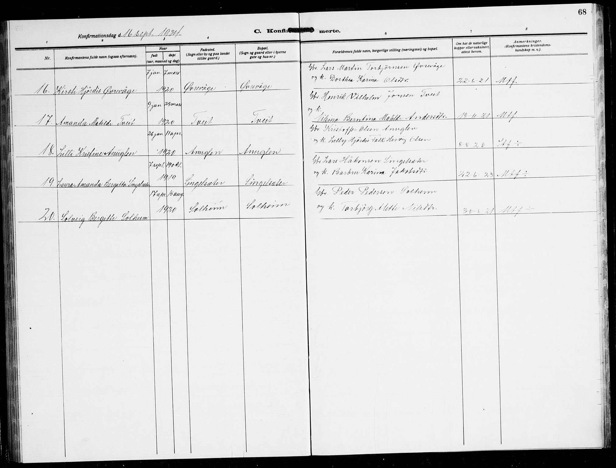 Tysnes sokneprestembete, AV/SAB-A-78601/H/Hab: Parish register (copy) no. C 4, 1925-1945, p. 68