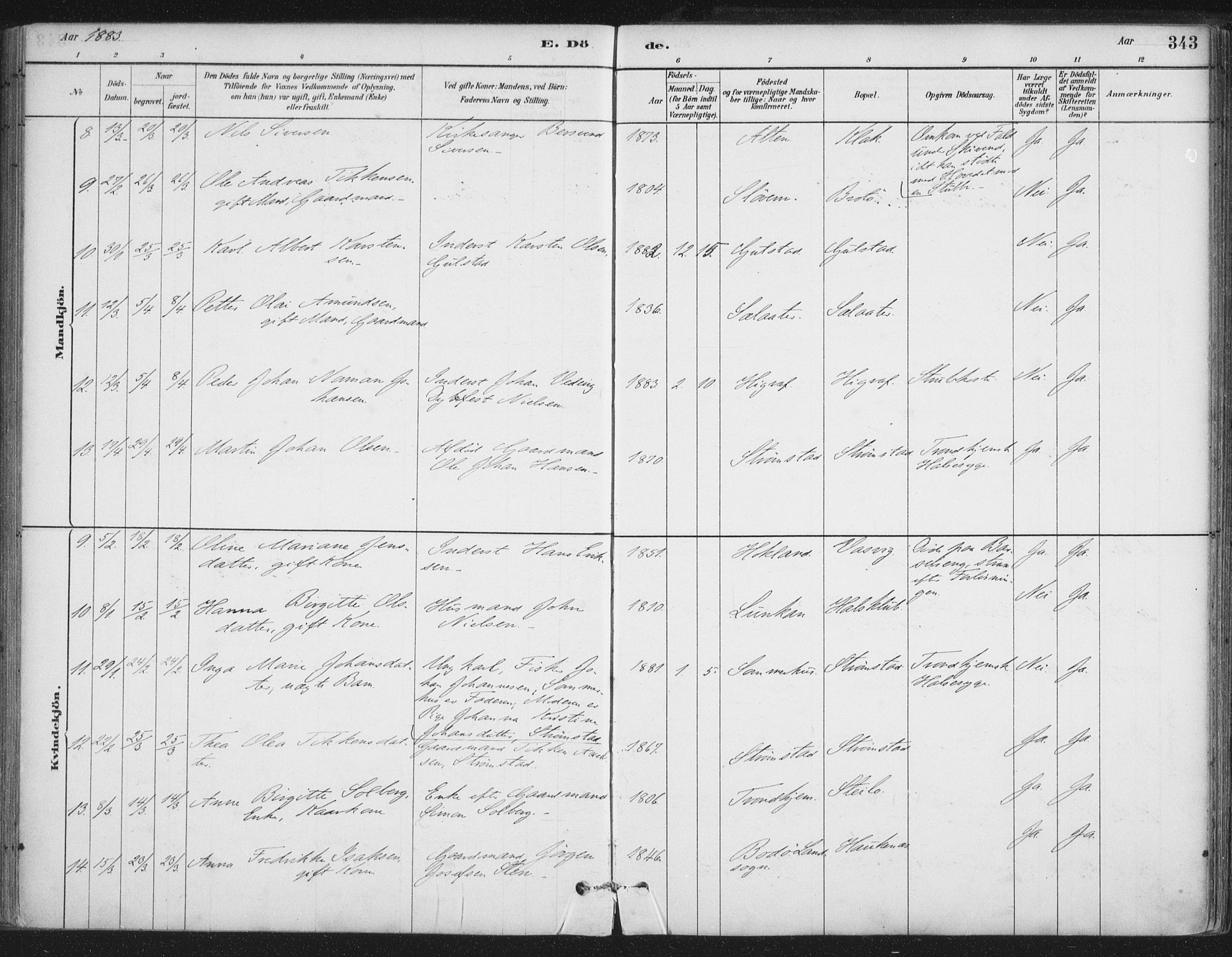 Ministerialprotokoller, klokkerbøker og fødselsregistre - Nordland, AV/SAT-A-1459/888/L1244: Parish register (official) no. 888A10, 1880-1890, p. 343