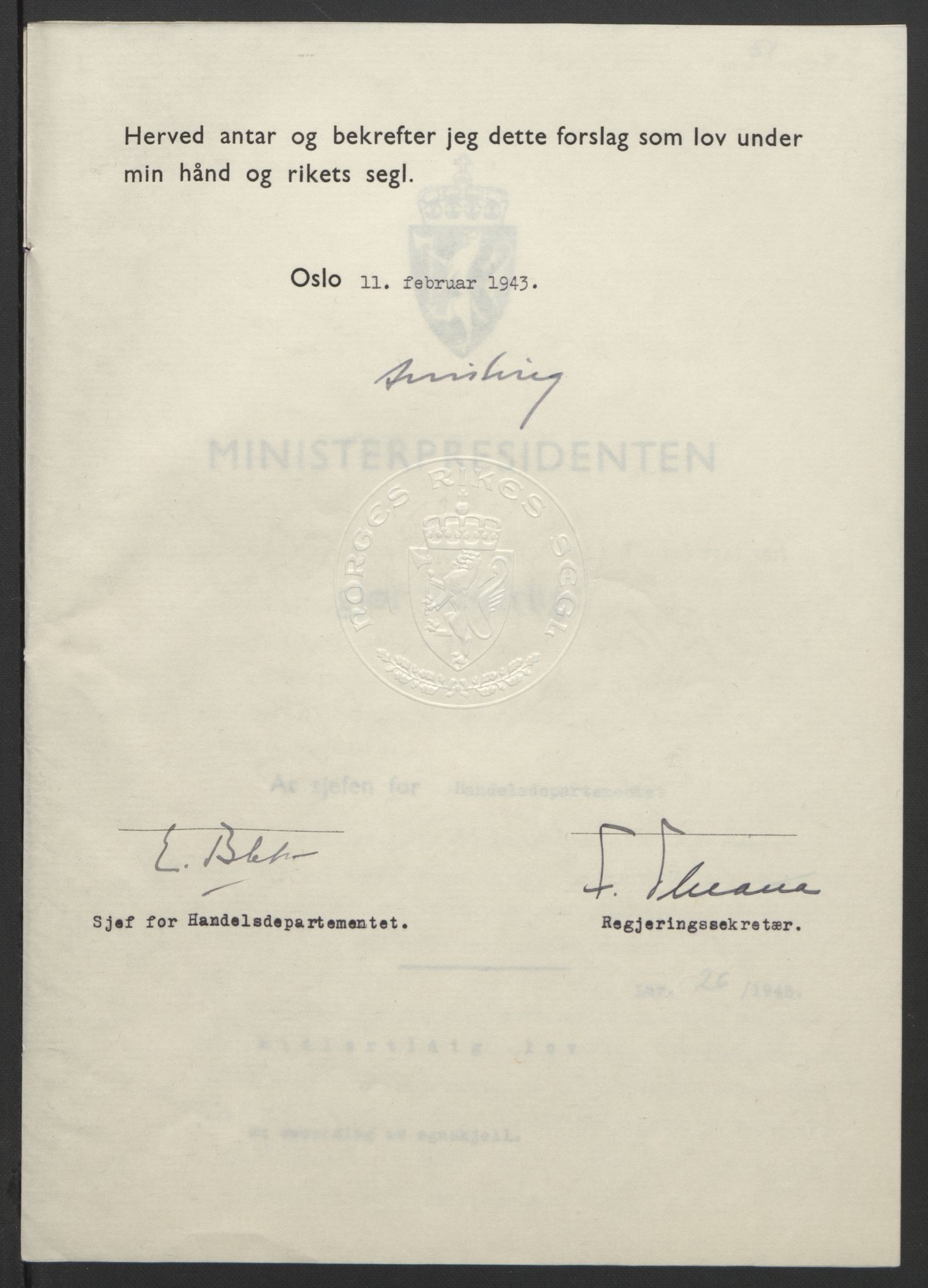 NS-administrasjonen 1940-1945 (Statsrådsekretariatet, de kommisariske statsråder mm), RA/S-4279/D/Db/L0099: Lover, 1943, p. 108