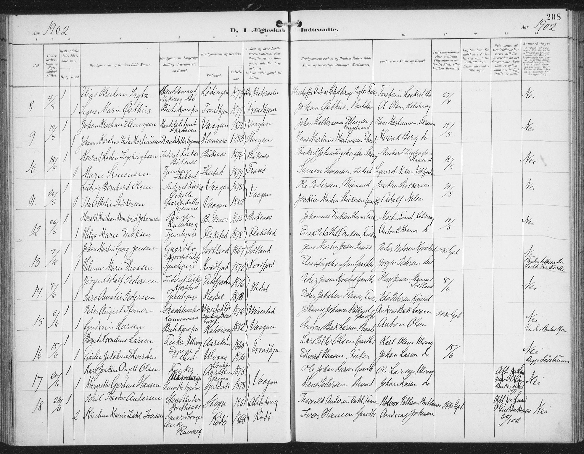 Ministerialprotokoller, klokkerbøker og fødselsregistre - Nordland, AV/SAT-A-1459/874/L1062: Parish register (official) no. 874A06, 1899-1907, p. 208