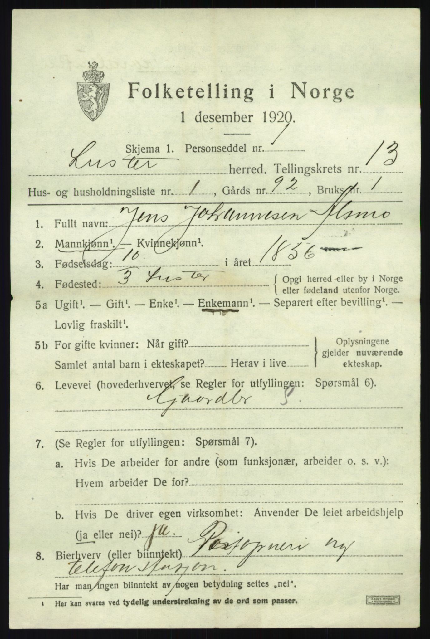 SAB, 1920 census for Luster, 1920, p. 7076