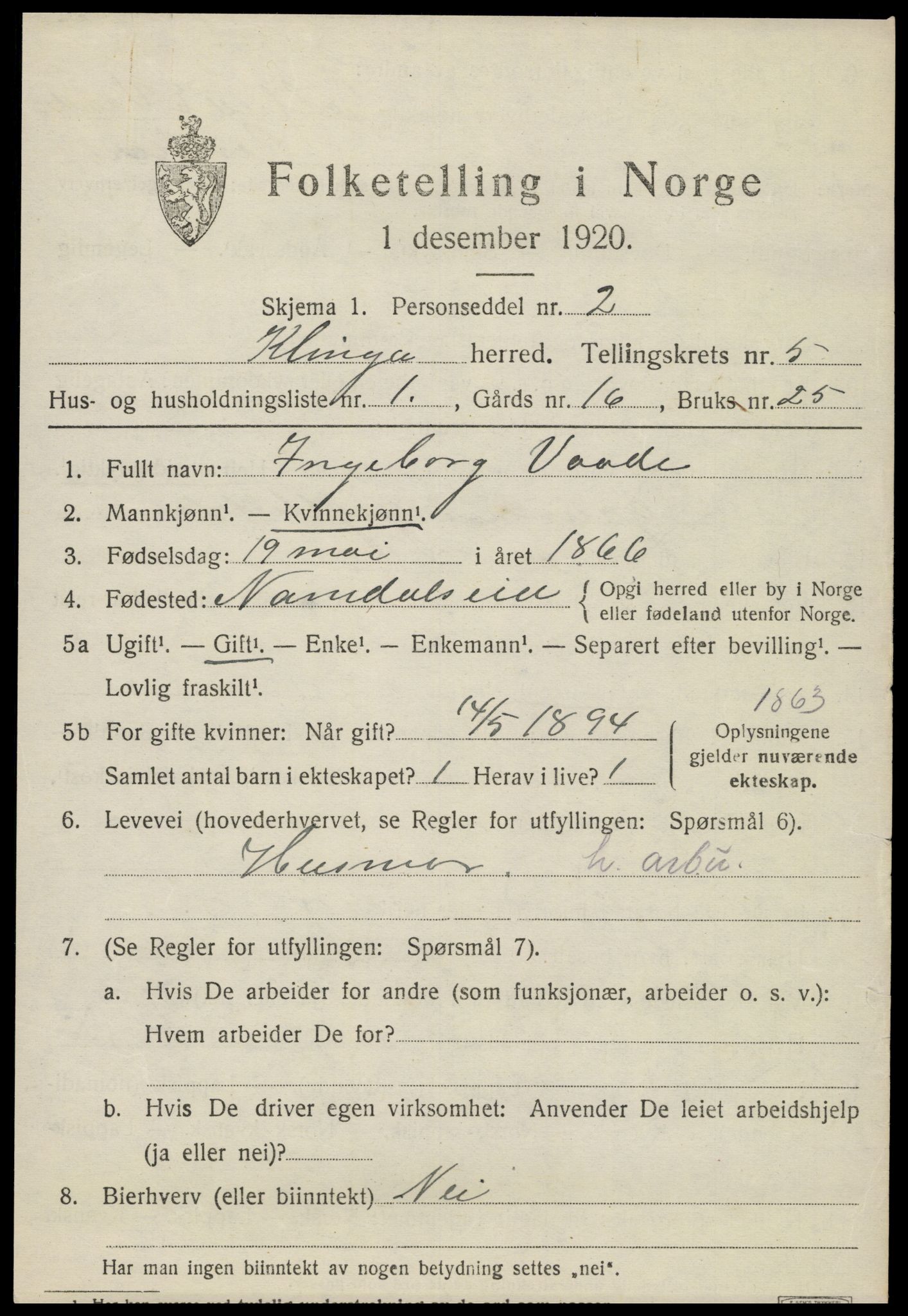 SAT, 1920 census for Klinga, 1920, p. 2863