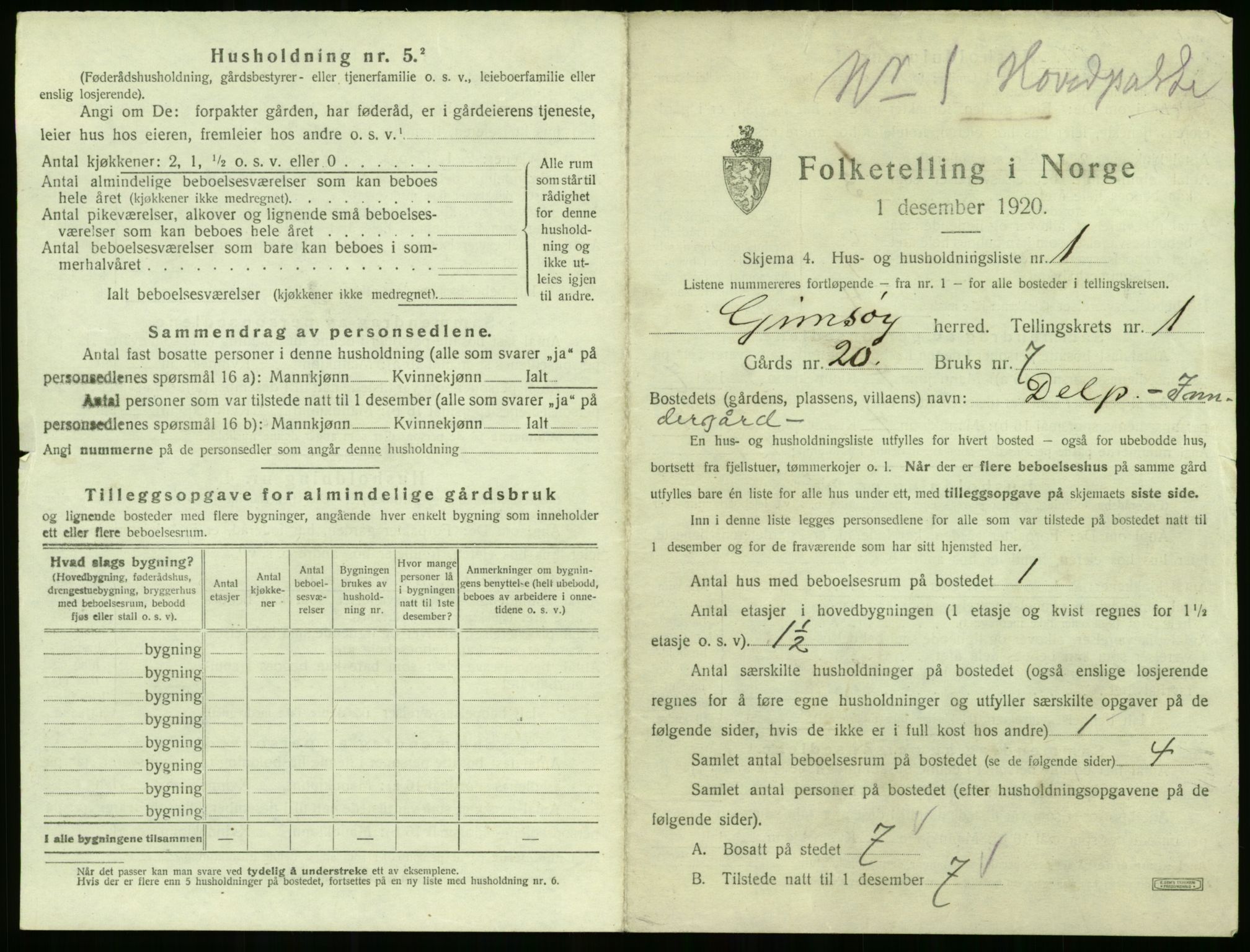 SAT, 1920 census for Gimsøy, 1920, p. 43