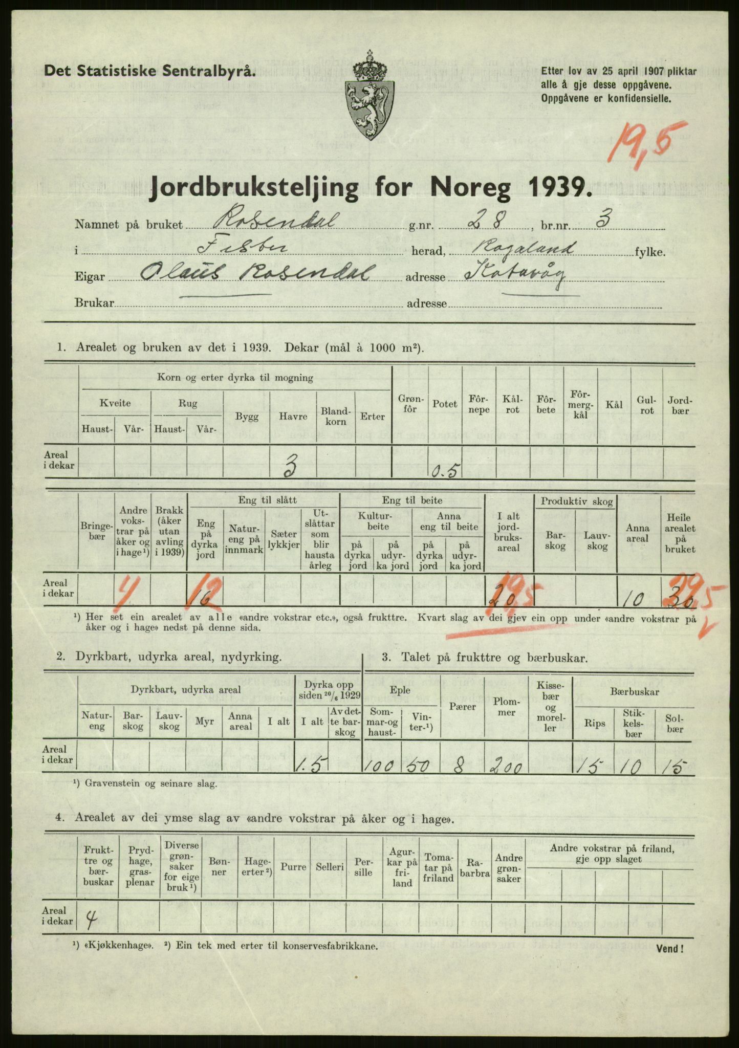 Statistisk sentralbyrå, Næringsøkonomiske emner, Jordbruk, skogbruk, jakt, fiske og fangst, AV/RA-S-2234/G/Gb/L0184: Rogaland: Årdal, Fister og Hjelmeland, 1939, p. 155