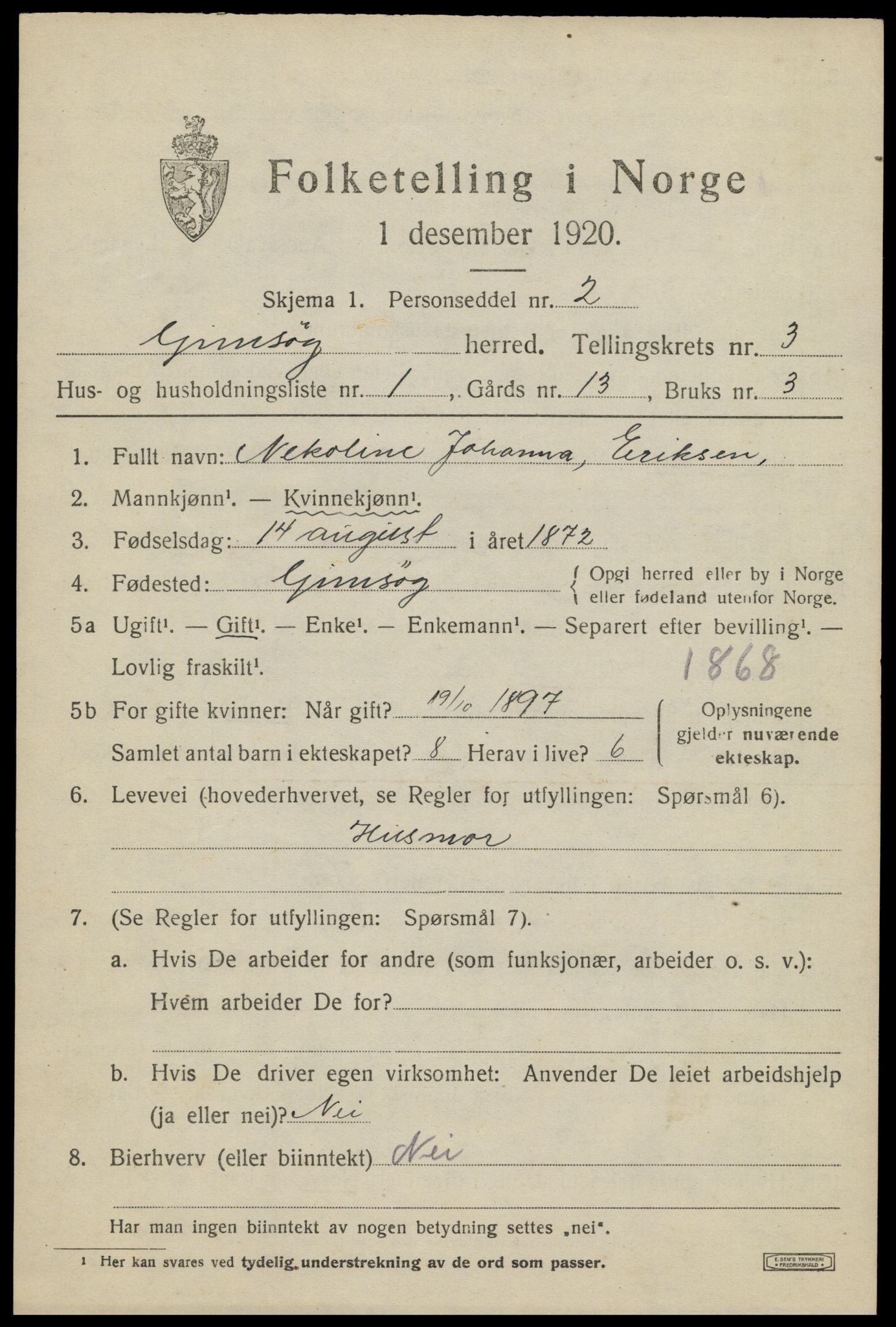 SAT, 1920 census for Gimsøy, 1920, p. 1653