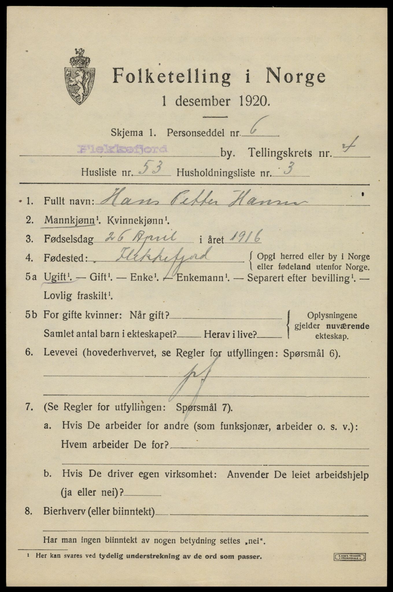 SAK, 1920 census for Flekkefjord, 1920, p. 5132