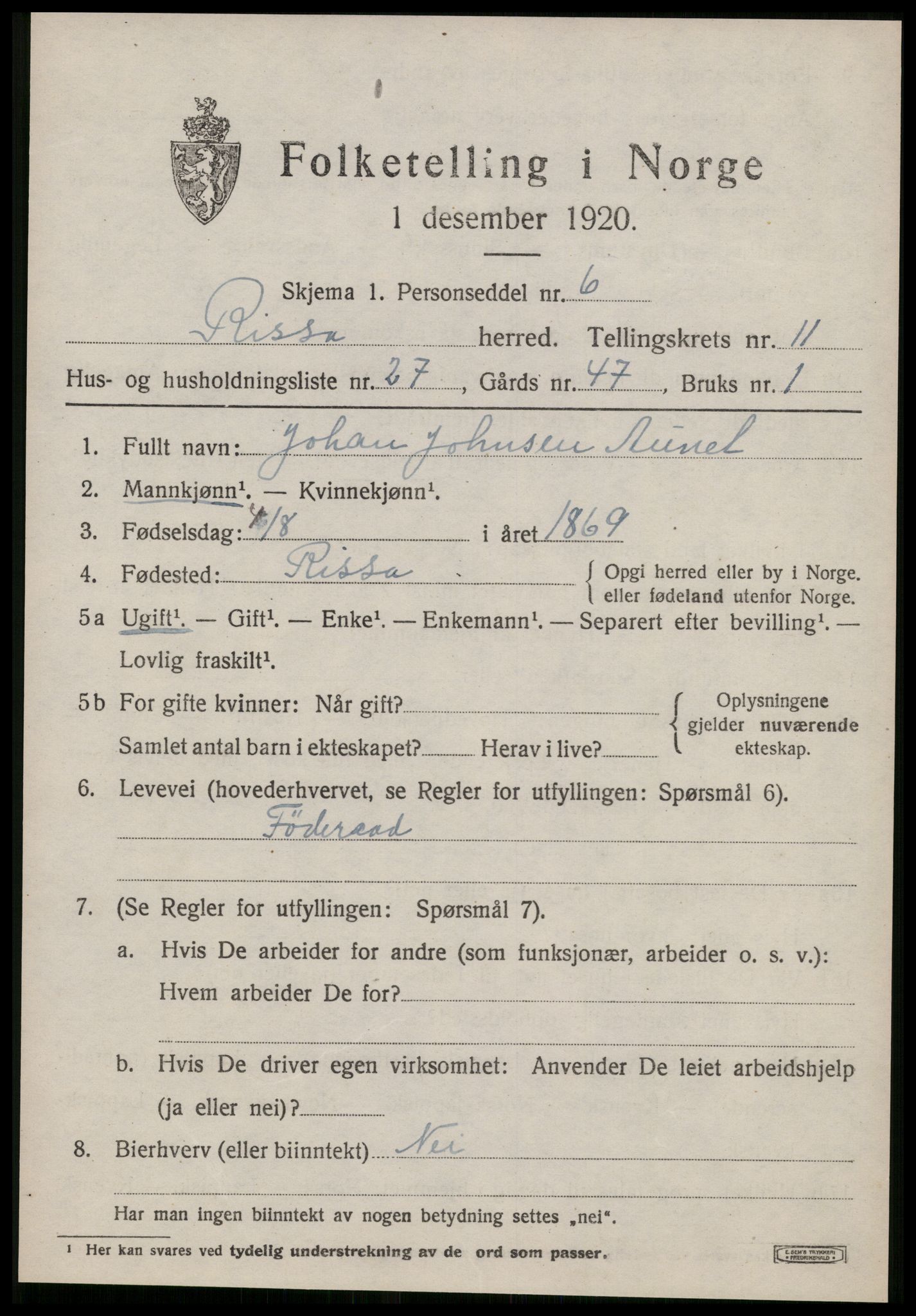 SAT, 1920 census for Rissa, 1920, p. 7355