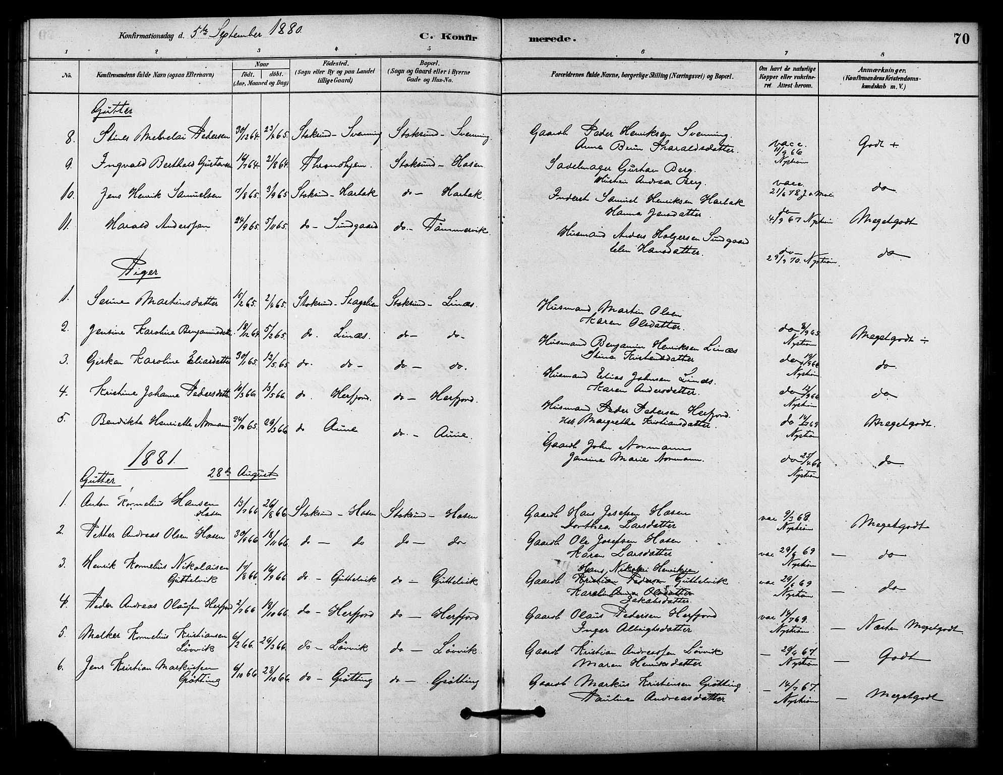 Ministerialprotokoller, klokkerbøker og fødselsregistre - Sør-Trøndelag, SAT/A-1456/656/L0692: Parish register (official) no. 656A01, 1879-1893, p. 70