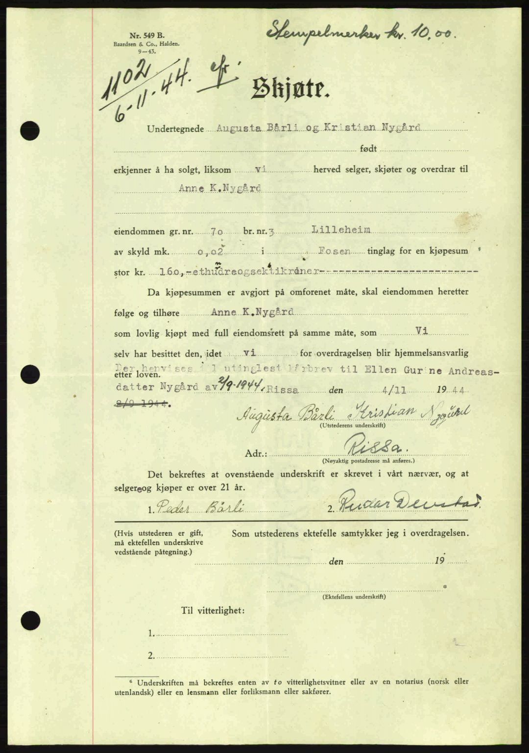 Fosen sorenskriveri, AV/SAT-A-1107/1/2/2C: Mortgage book no. A3, 1943-1945, Diary no: : 1102/1944
