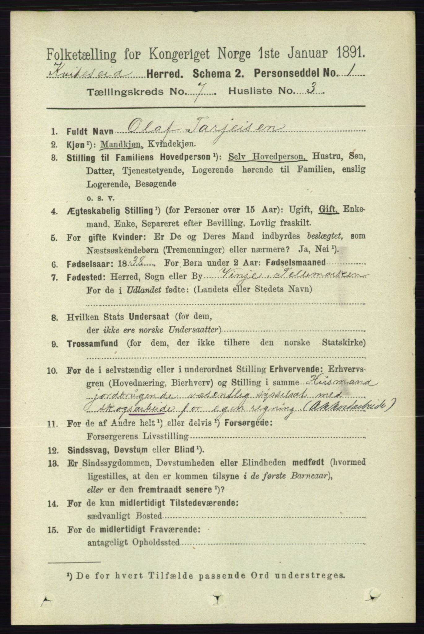 RA, 1891 census for 0829 Kviteseid, 1891, p. 1377