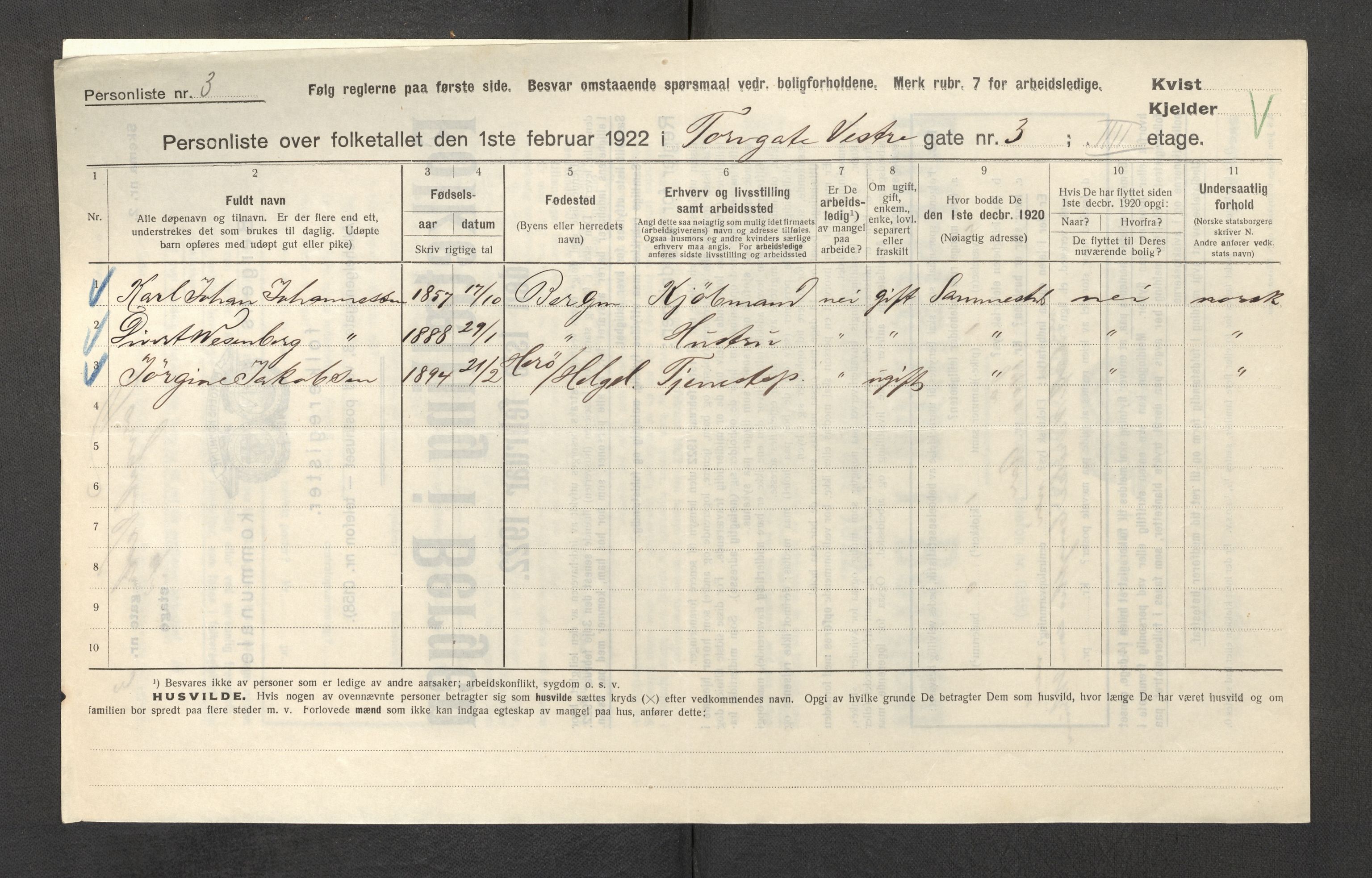 SAB, Municipal Census 1922 for Bergen, 1922, p. 44586