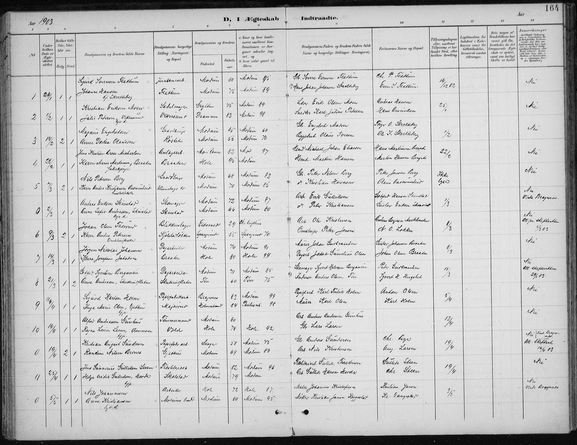 Modum kirkebøker, AV/SAKO-A-234/F/Fa/L0013: Parish register (official) no. 13, 1899-1907, p. 164