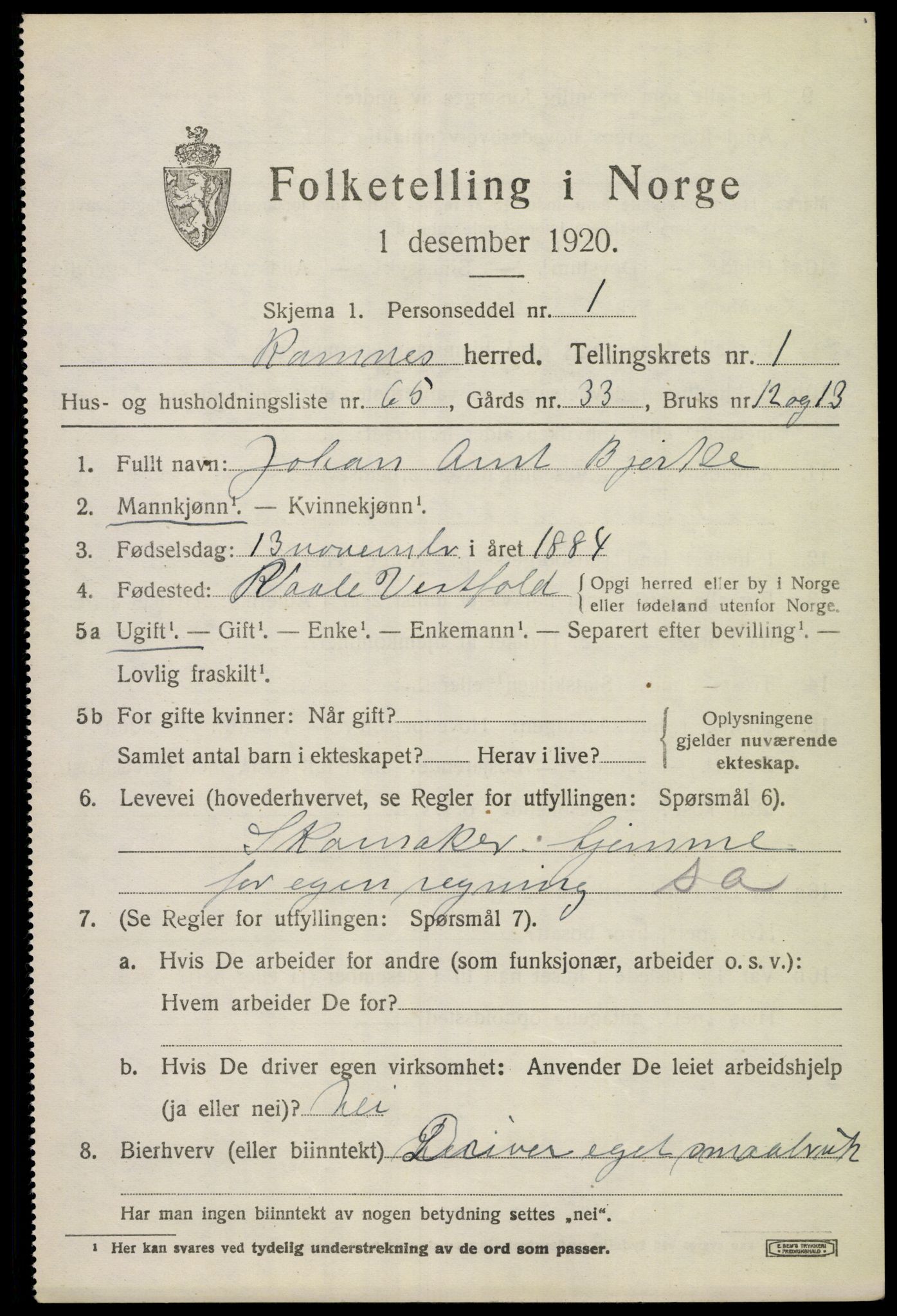 SAKO, 1920 census for Ramnes, 1920, p. 1940