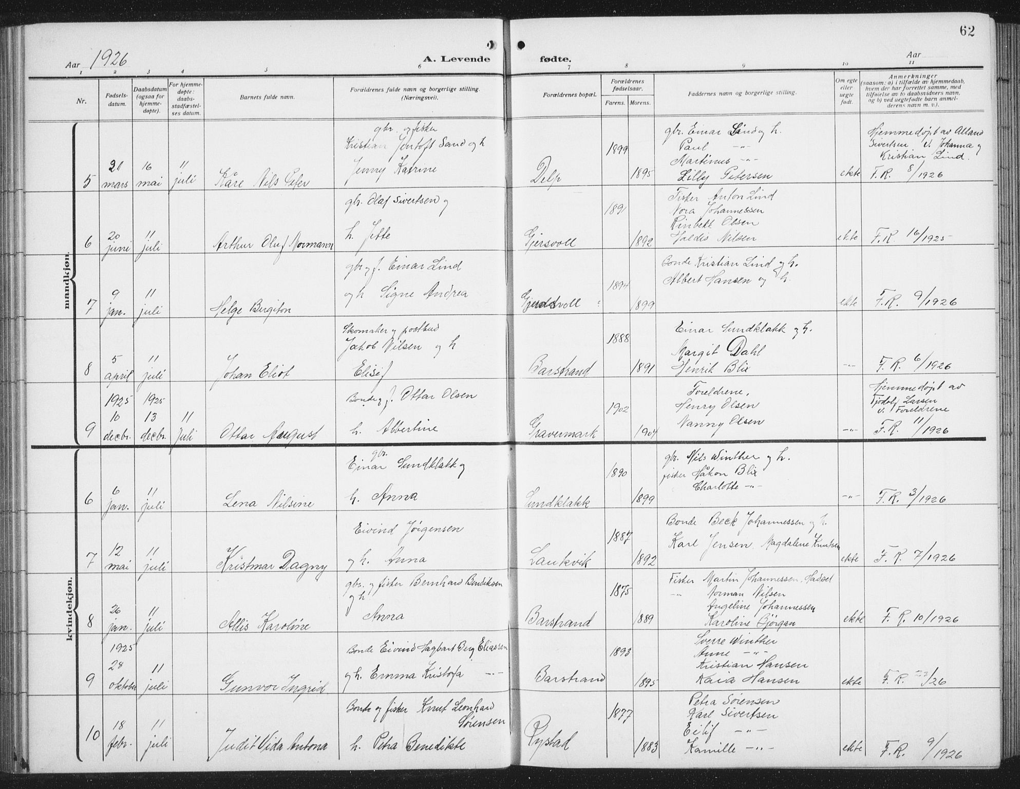 Ministerialprotokoller, klokkerbøker og fødselsregistre - Nordland, SAT/A-1459/876/L1106: Parish register (copy) no. 876C05, 1915-1942, p. 62