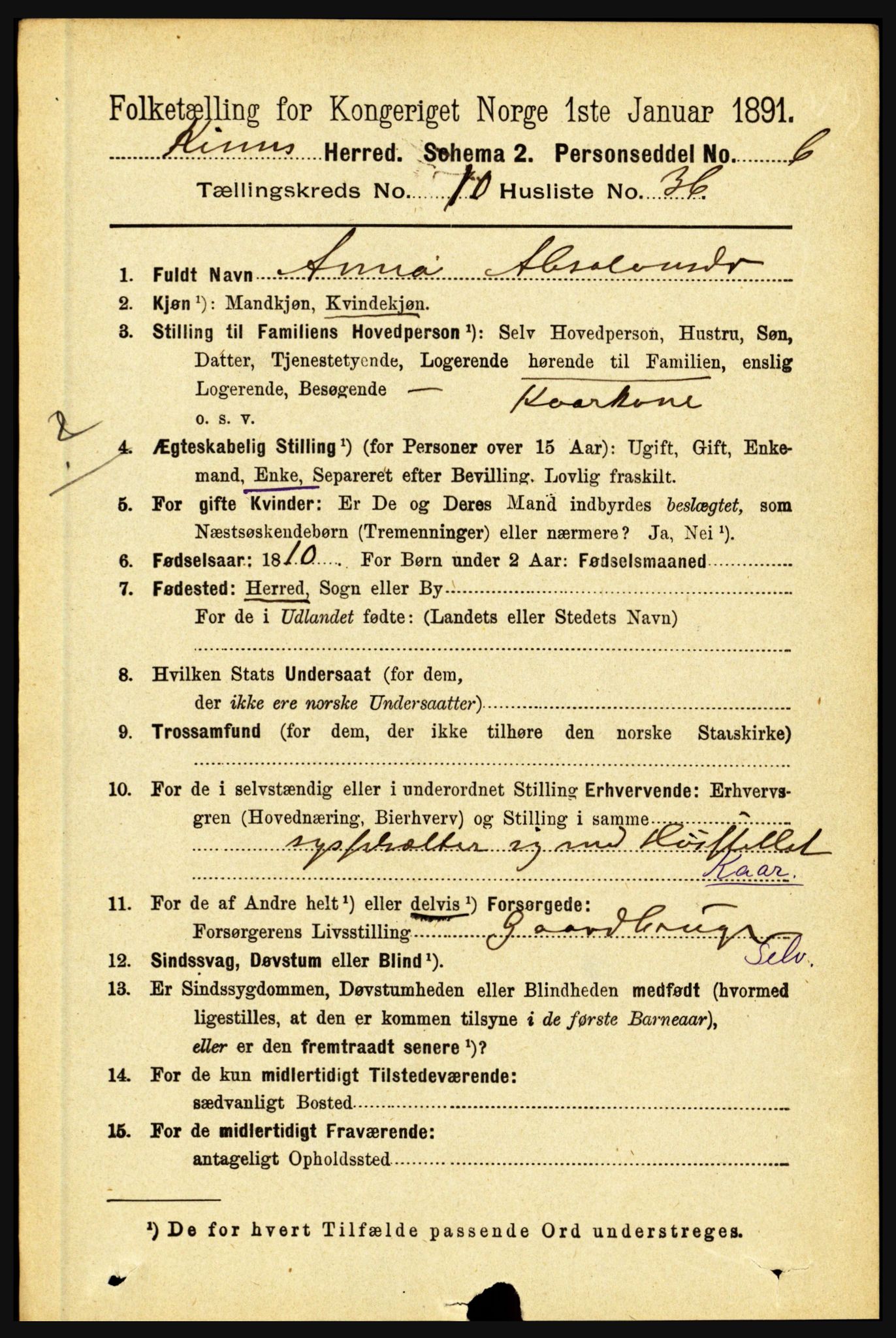 RA, 1891 census for 1437 Kinn, 1891, p. 3982