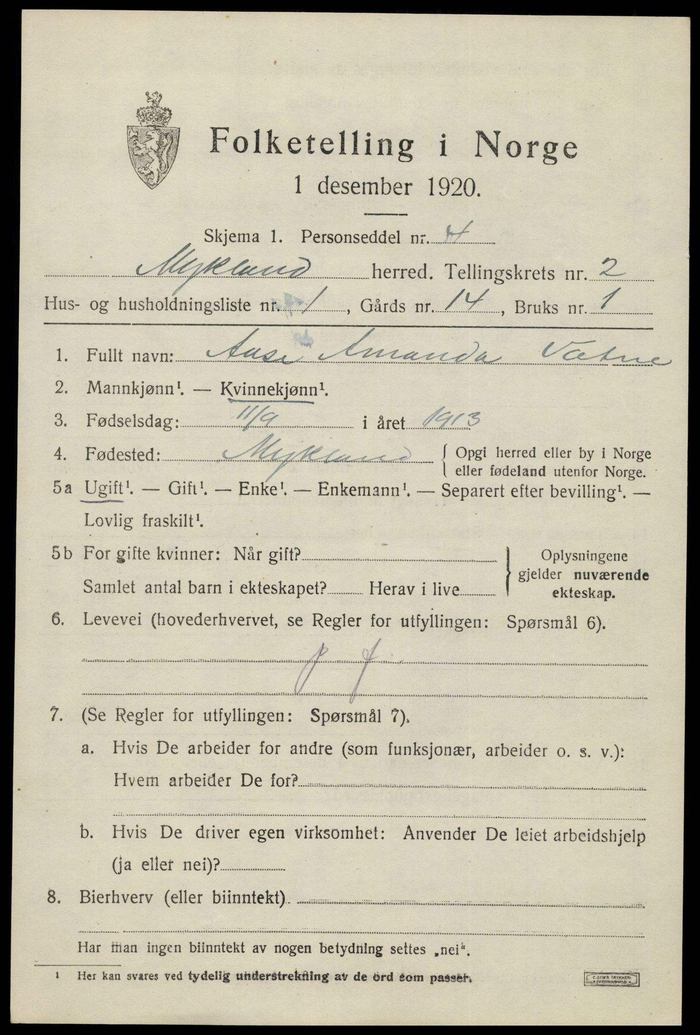 SAK, 1920 census for Mykland, 1920, p. 710