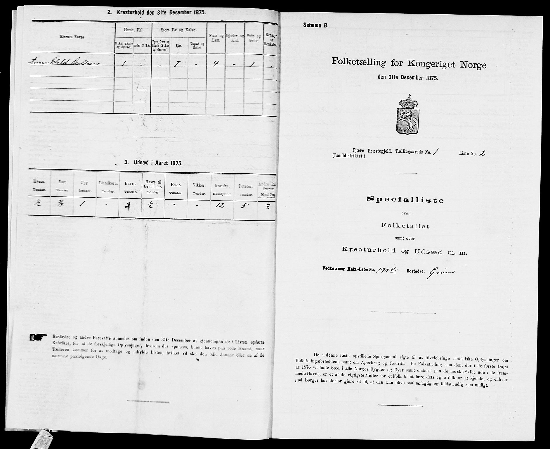 SAK, 1875 census for 0923L Fjære/Fjære, 1875, p. 71