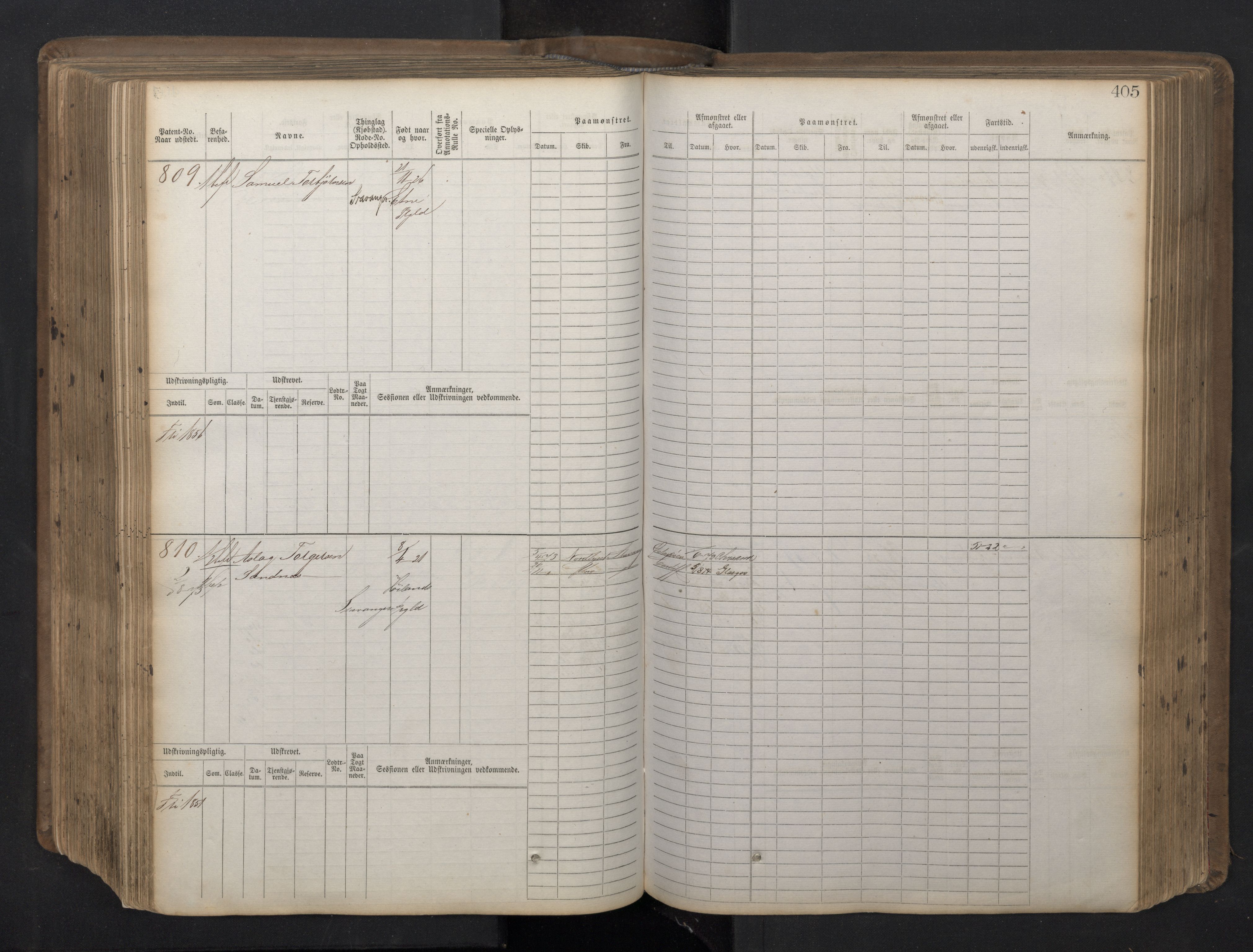 Stavanger sjømannskontor, AV/SAST-A-102006/F/Fb/Fbb/L0016: Sjøfartshovedrulle patnentnr. 1-1202 (dublett), 1869, p. 405