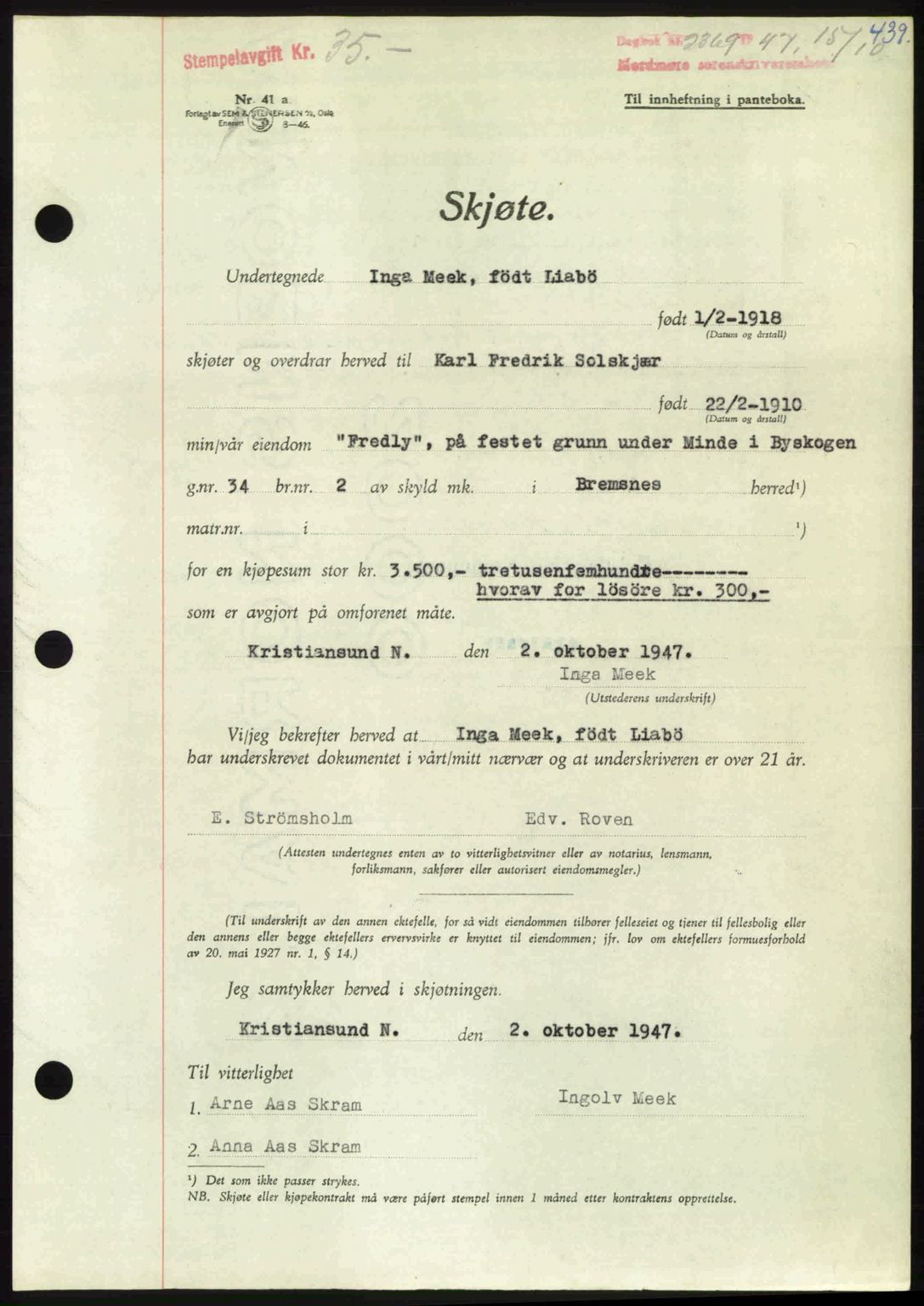 Nordmøre sorenskriveri, AV/SAT-A-4132/1/2/2Ca: Mortgage book no. A106, 1947-1947, Diary no: : 2369/1947