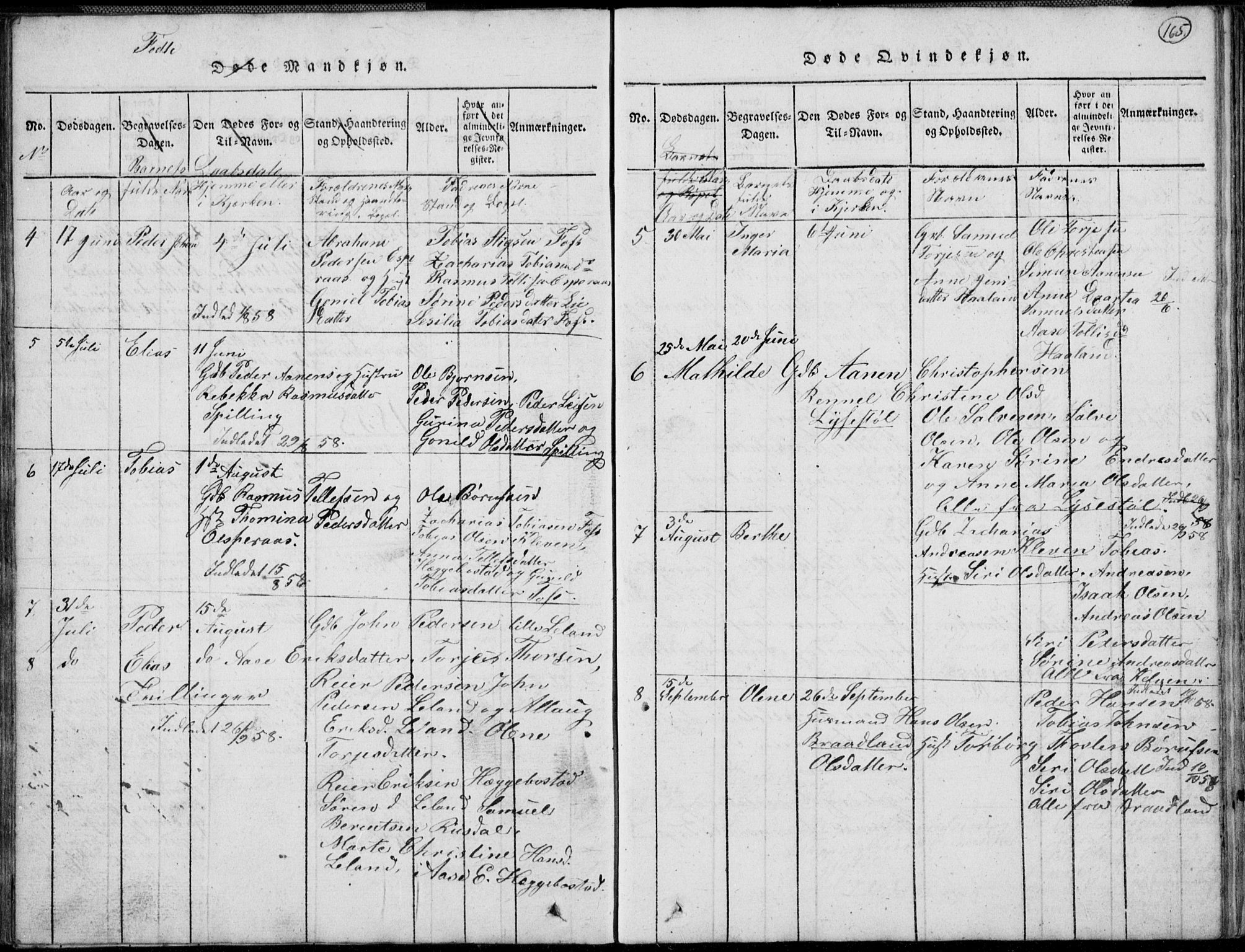 Nord-Audnedal sokneprestkontor, AV/SAK-1111-0032/F/Fb/Fbb/L0001: Parish register (copy) no. B 1, 1816-1858, p. 165