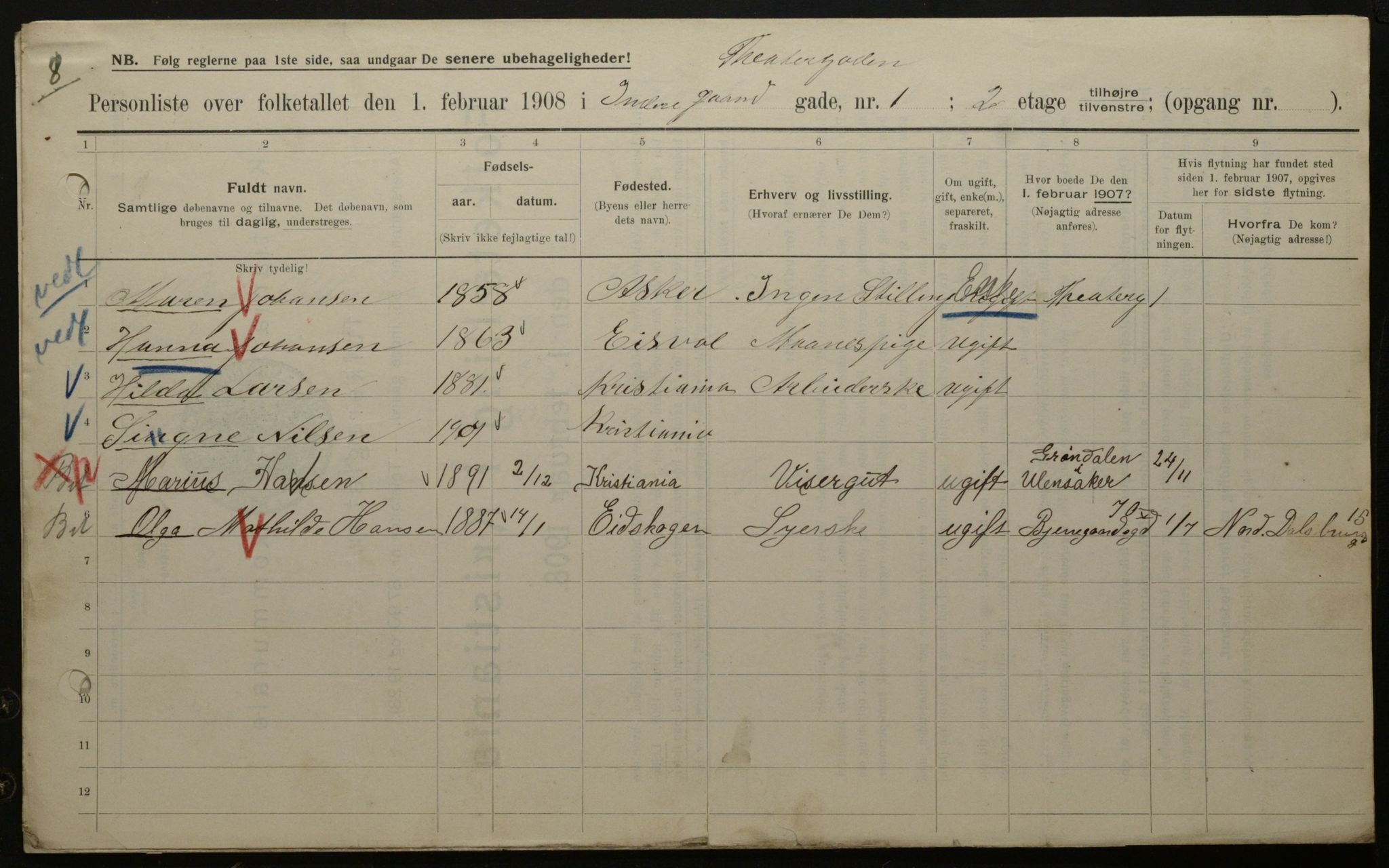 OBA, Municipal Census 1908 for Kristiania, 1908, p. 96187