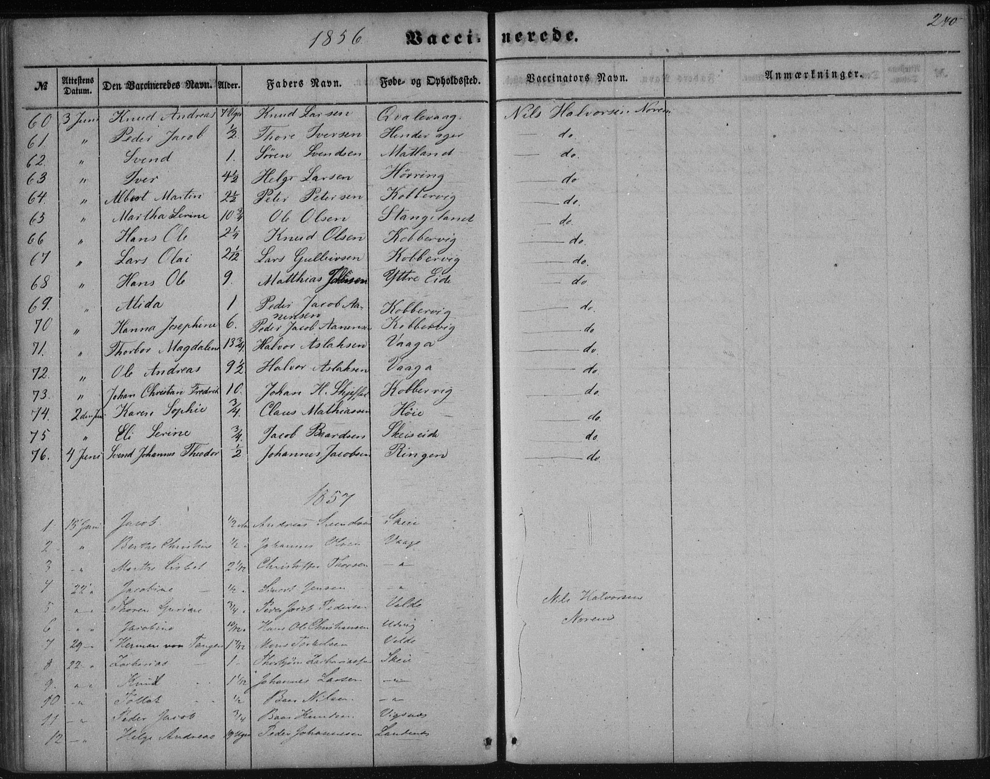 Avaldsnes sokneprestkontor, AV/SAST-A -101851/H/Ha/Haa/L0009: Parish register (official) no. A 9, 1853-1865, p. 240