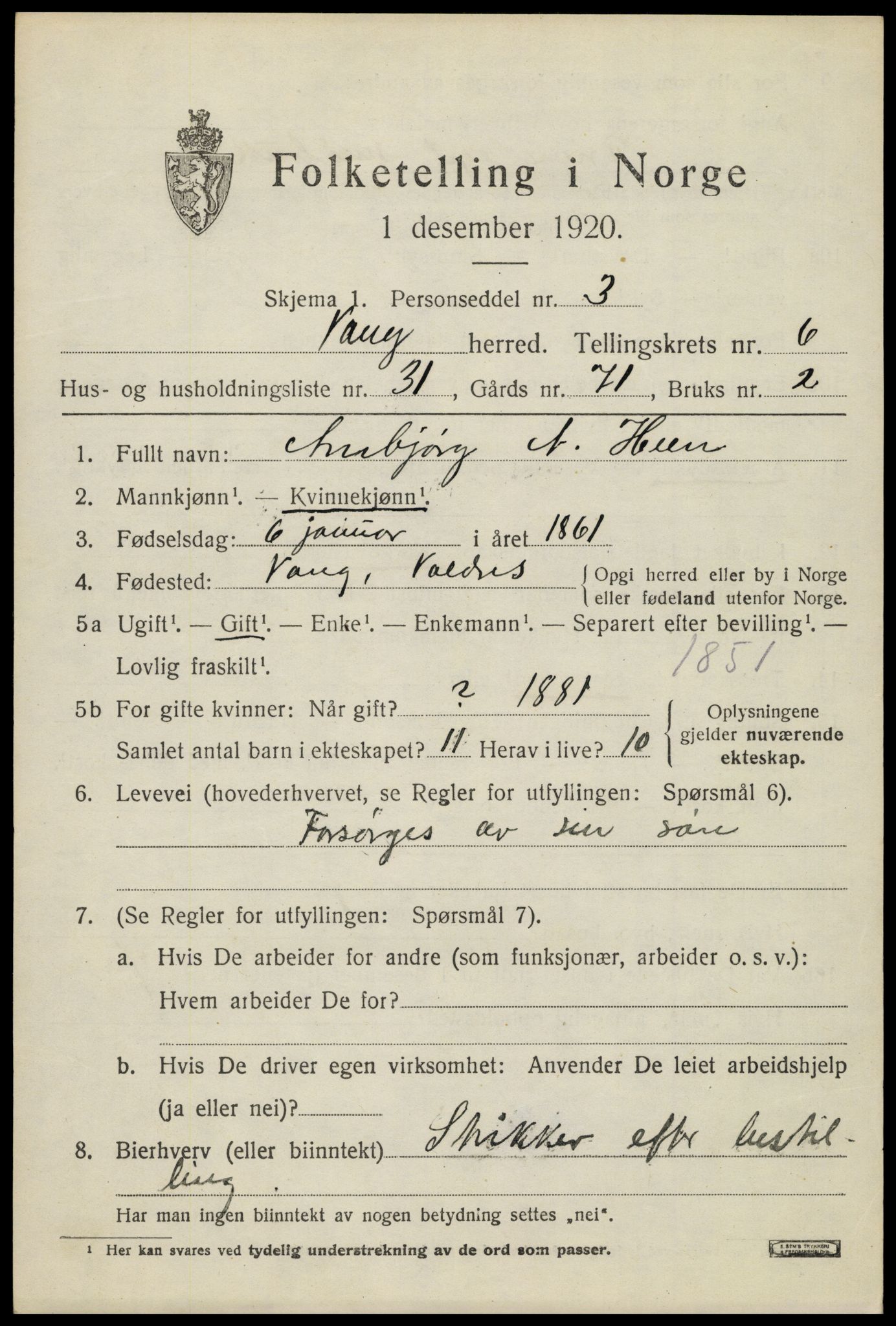 SAH, 1920 census for Vang (Oppland), 1920, p. 3079