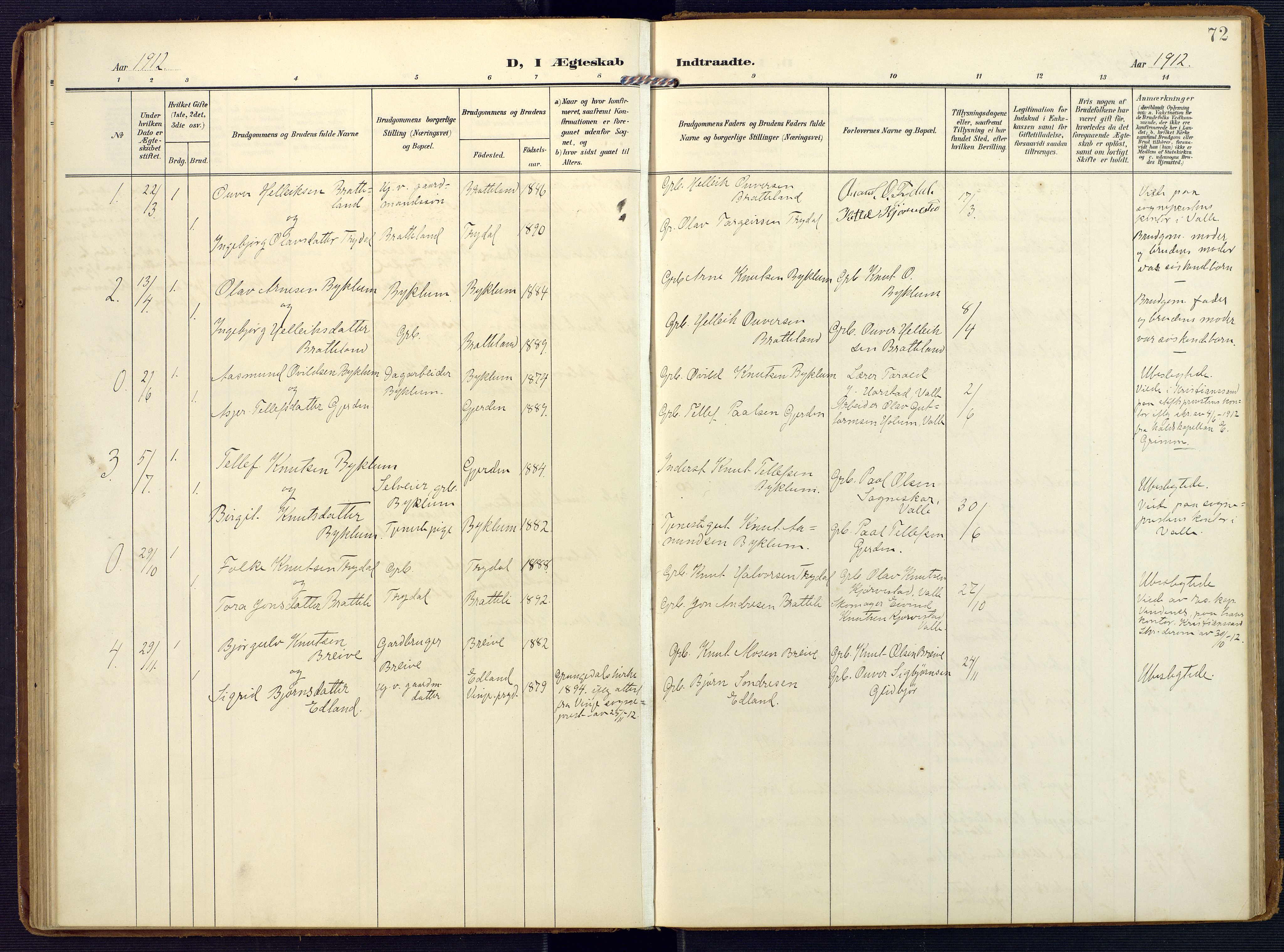 Valle sokneprestkontor, SAK/1111-0044/F/Fa/Faa/L0002: Parish register (official) no. A 2, 1907-1919, p. 72