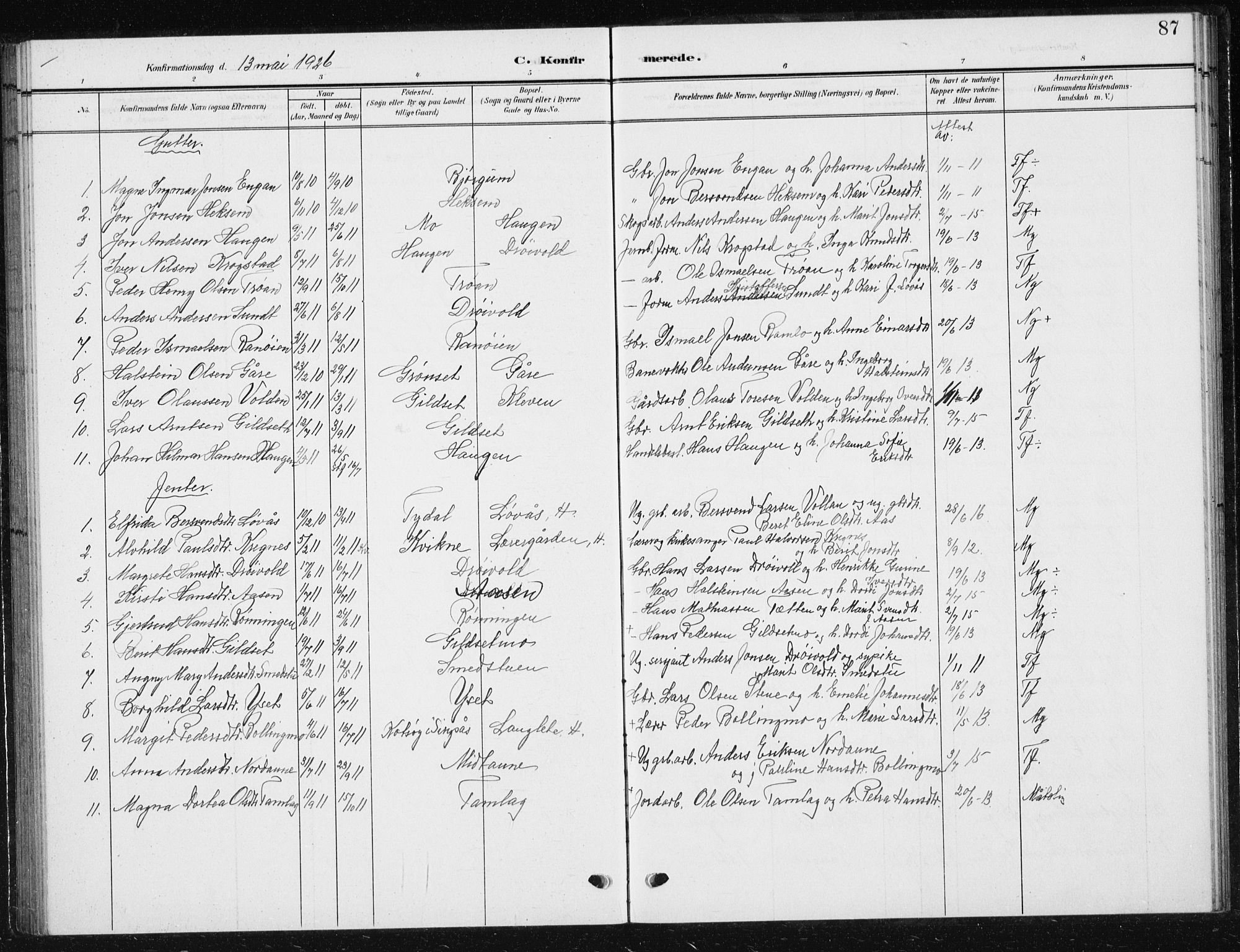 Ministerialprotokoller, klokkerbøker og fødselsregistre - Sør-Trøndelag, SAT/A-1456/685/L0979: Parish register (copy) no. 685C04, 1908-1933, p. 87