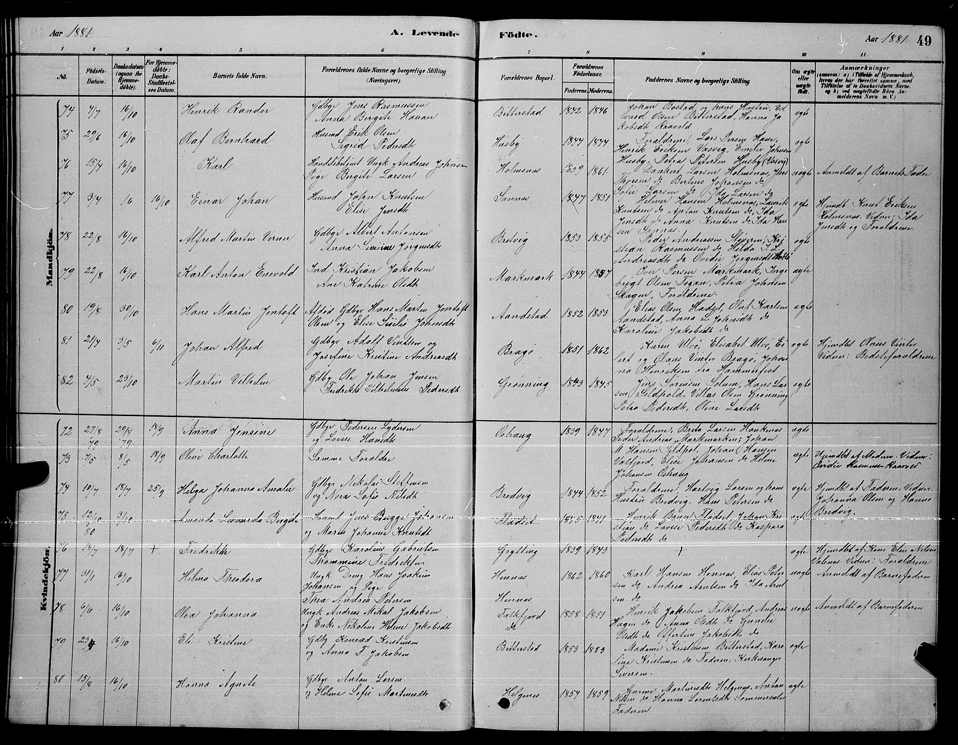 Ministerialprotokoller, klokkerbøker og fødselsregistre - Nordland, AV/SAT-A-1459/888/L1267: Parish register (copy) no. 888C05, 1878-1890, p. 49