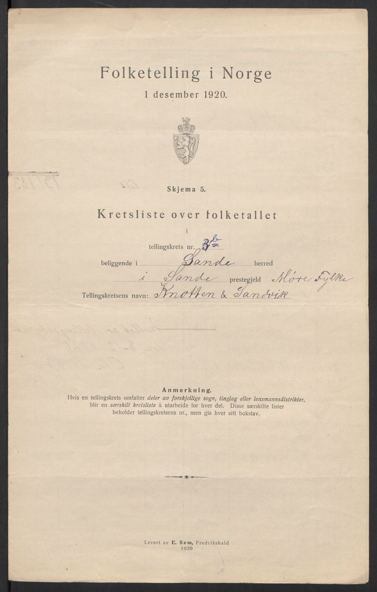 SAT, 1920 census for Sande (MR), 1920, p. 15