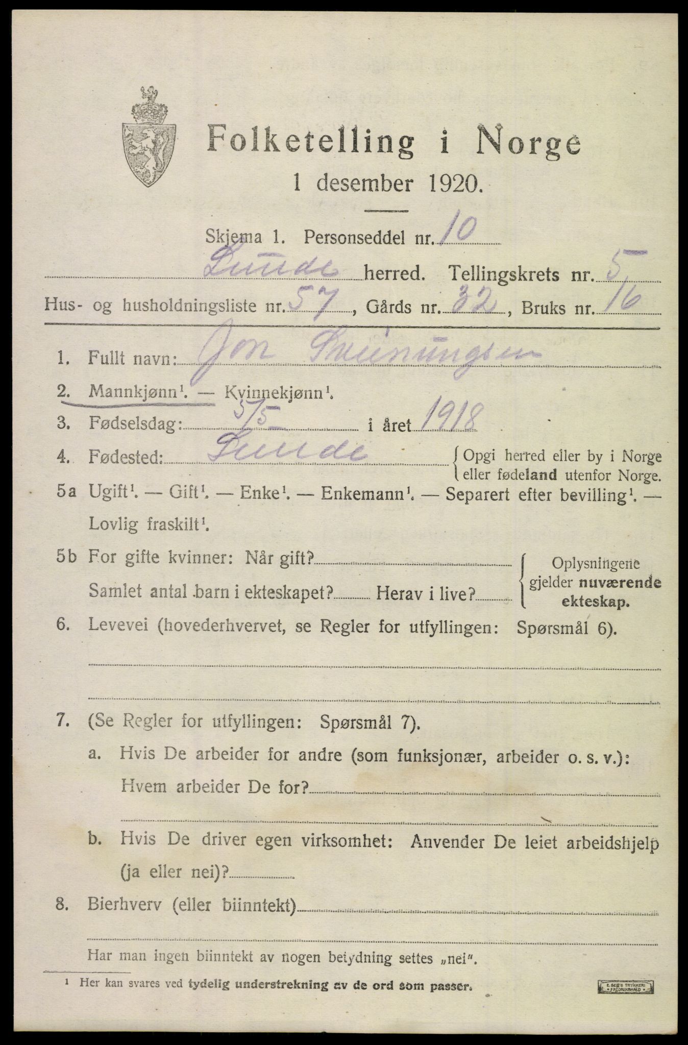 SAKO, 1920 census for Lunde, 1920, p. 4195