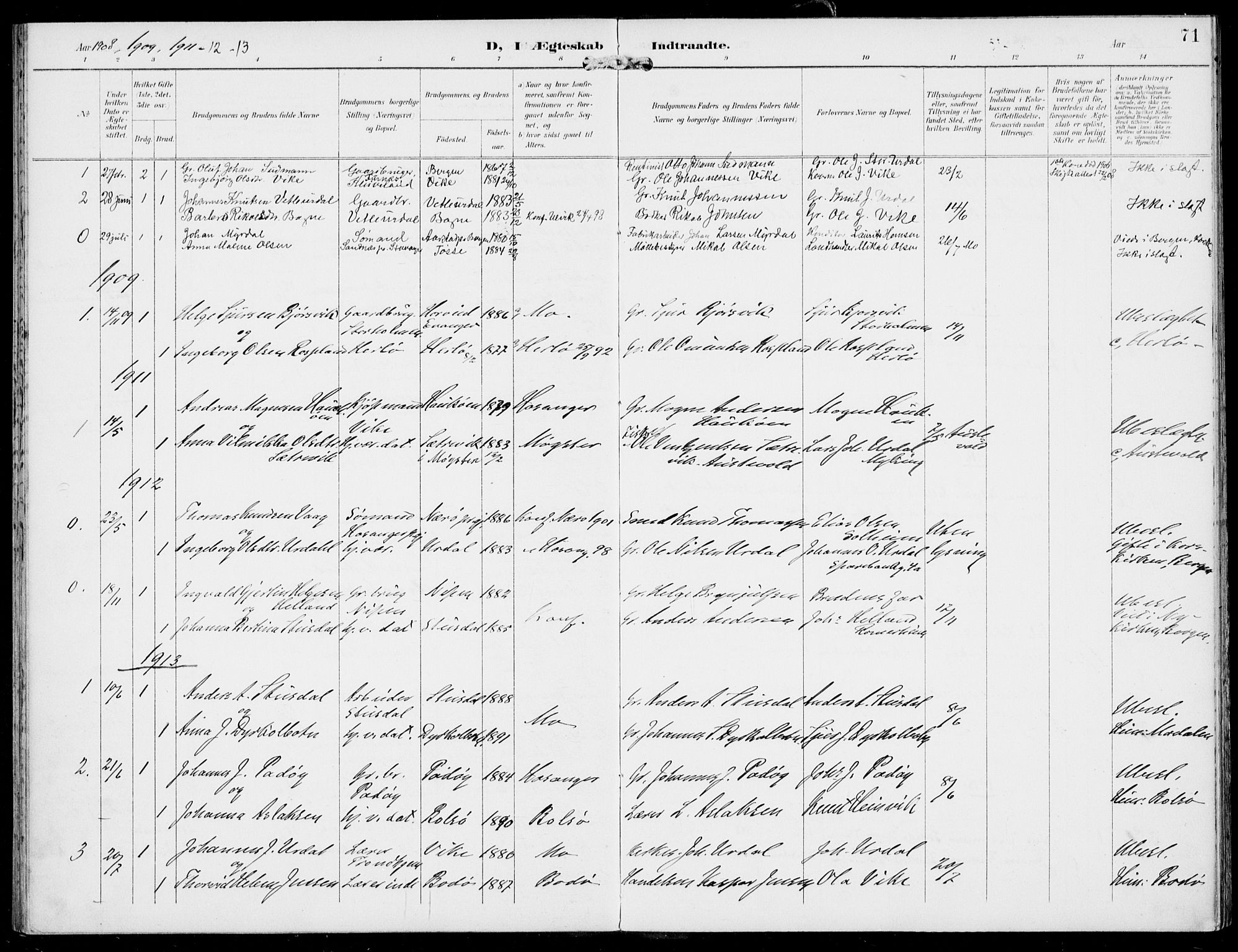 Hosanger sokneprestembete, AV/SAB-A-75801/H/Haa: Parish register (official) no. D  1, 1896-1922, p. 71