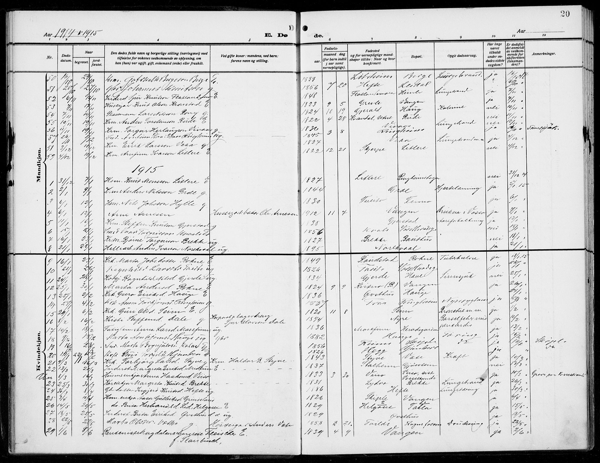 Voss sokneprestembete, AV/SAB-A-79001/H/Haa: Parish register (official) no. D  2, 1910-1932, p. 20